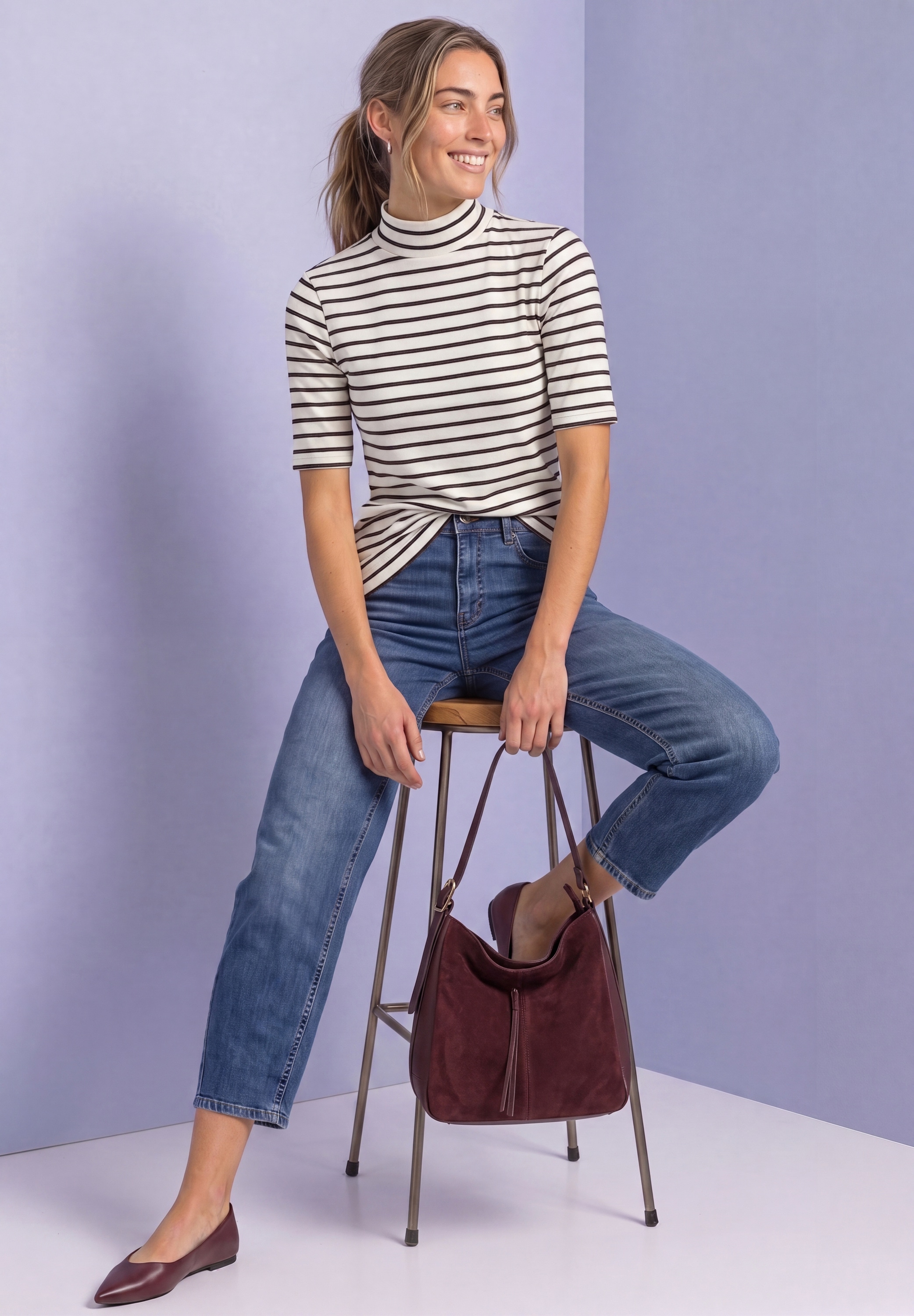STREET ONE Kurzarmshirt Sommershirt im Streifen-Look / Turtelneck