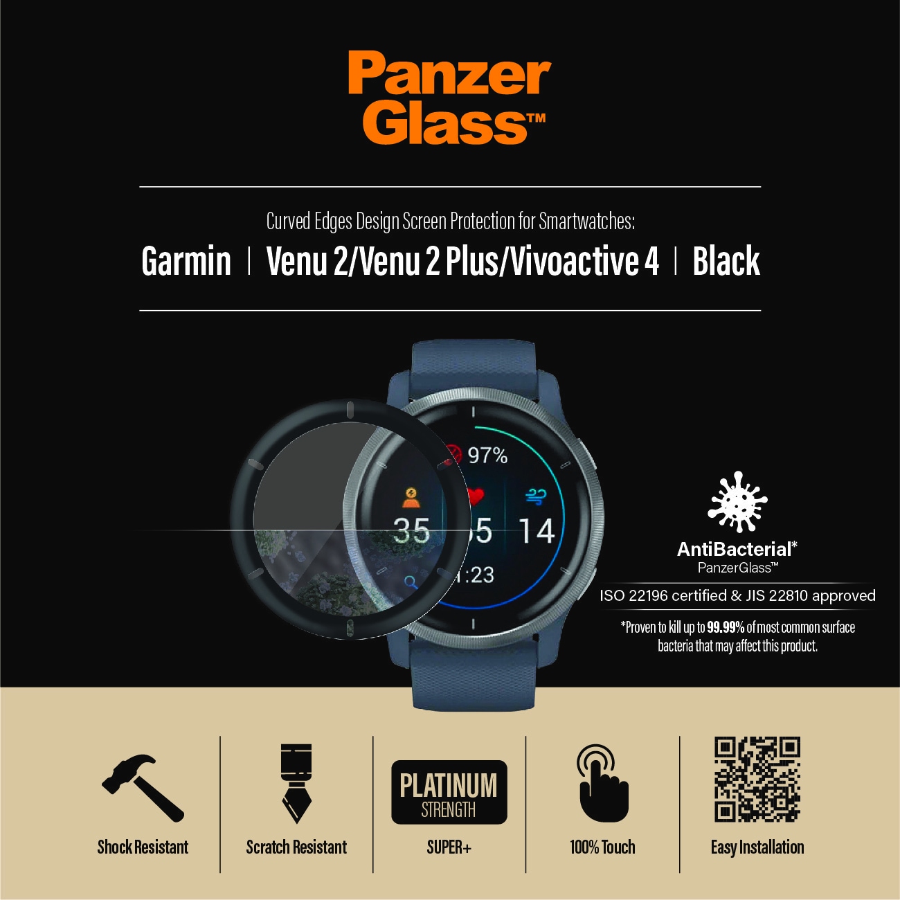 PanzerGlass Displayschutzglas »Curved Edges Design Screen Protection«, für Garmin Venu 2-Vivoactive 4, Displayschutzfolie, Schutzfolie, Bildschirmschutz, kratz- & stoßfest