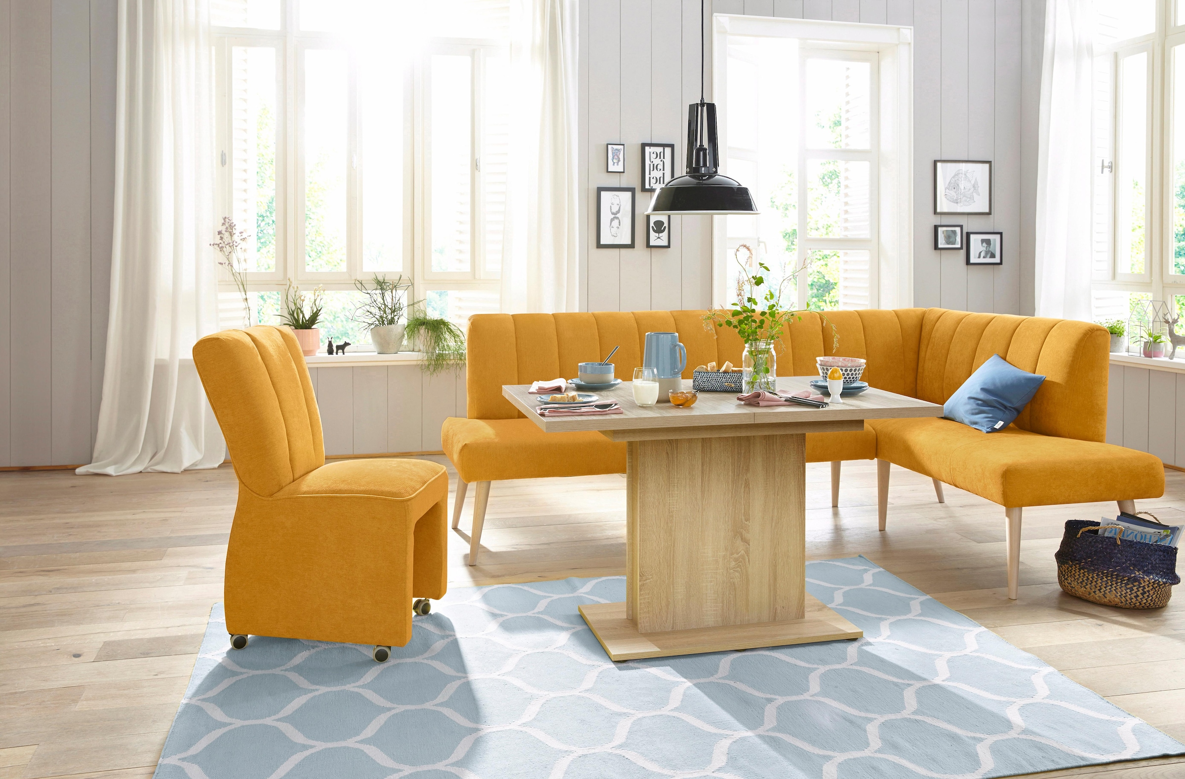 exxpo - sofa fashion Eckbank »Costa, moderne Rückensteppung, bequem und elegant, hoher Holzfuß«, hochwertig verarbeitet, Frei im Raum stellbar