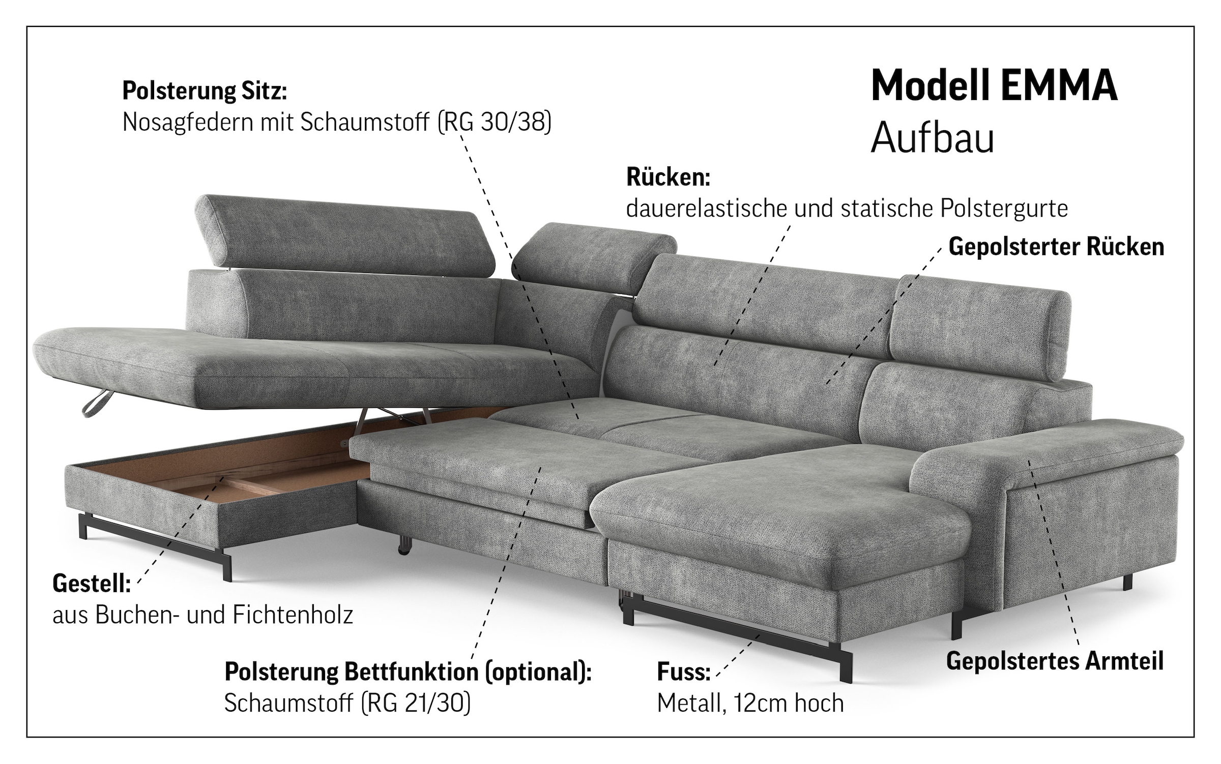 COTTA Wohnlandschaft »Emma U-Form«, Verstellbare Kopfstützen, optional mit Schlaffunktion und Bettkasten