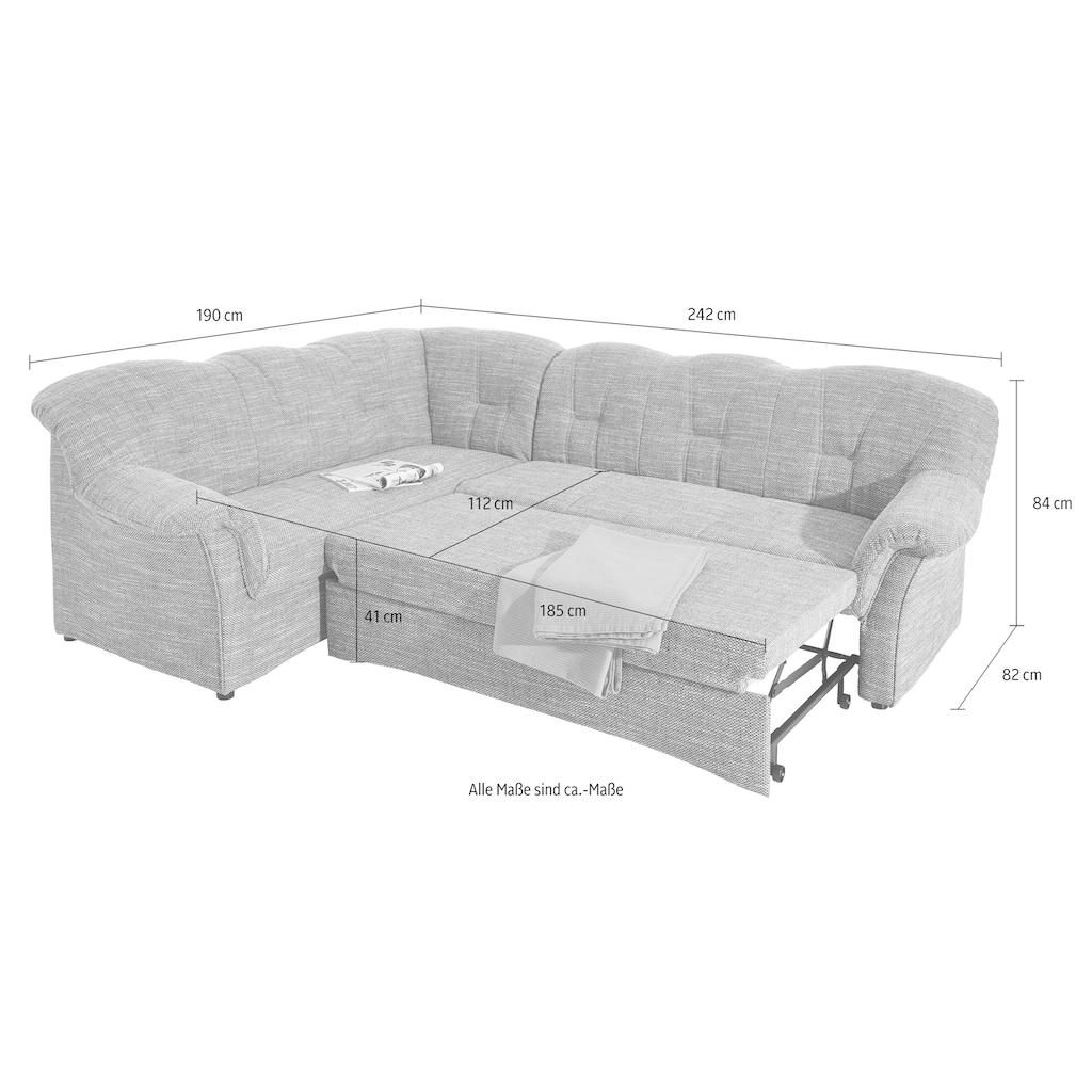 DOMO collection Ecksofa »Papenburg B/T/H: 242/190/84 cm«, wahlweise mit Bettfunktion, Langer Schenkel links oder rechts