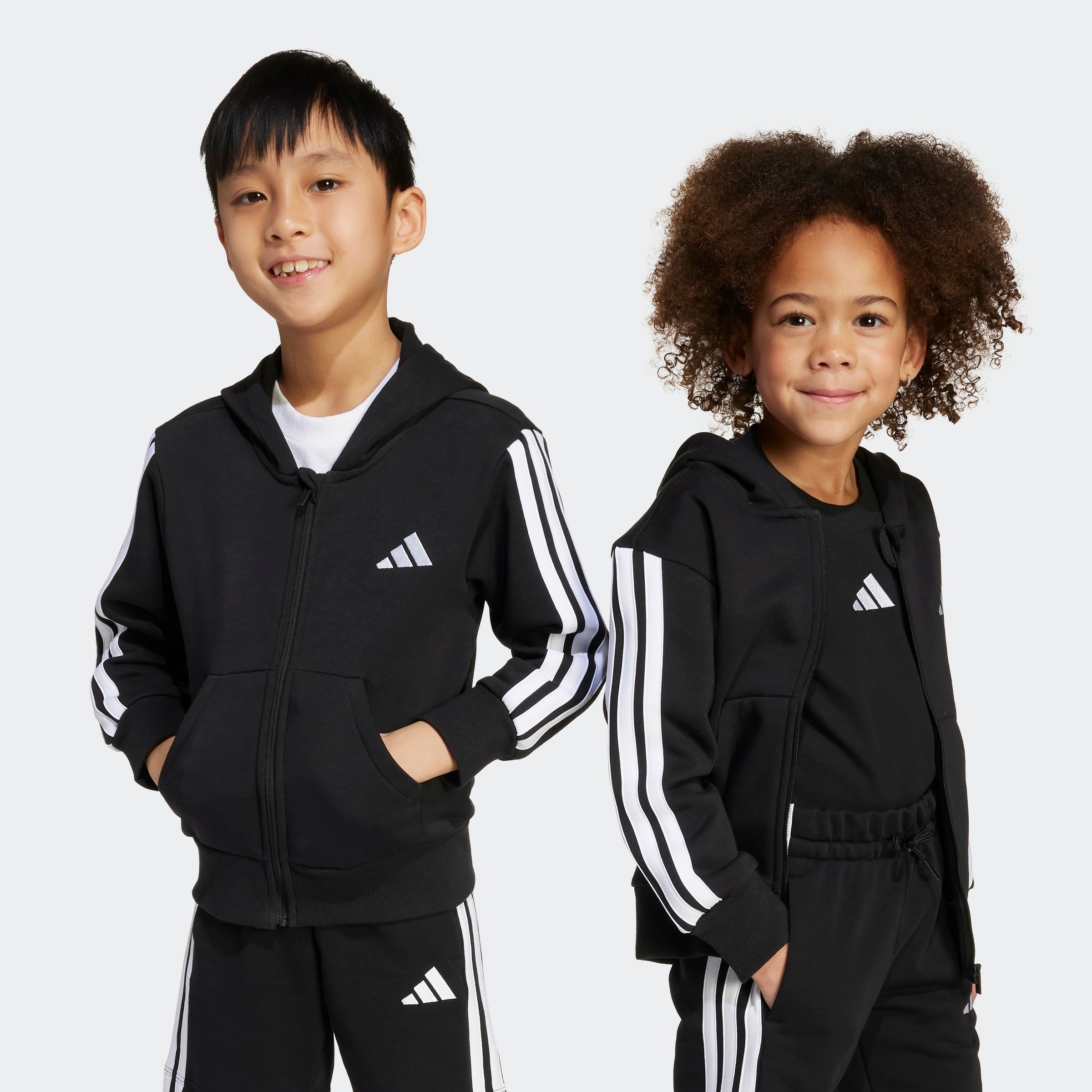 Sweatjacke ADIDAS SPORTSWEAR "ESSENTIALS KIDS", Mädchen, Gr. 110, schwarz-weiß (schwarz, weiß), Obermaterial: 70% Baumwolle, 30% Polyester, normal, angesetztes Bündchen, Sweatjacken Sweatjacke