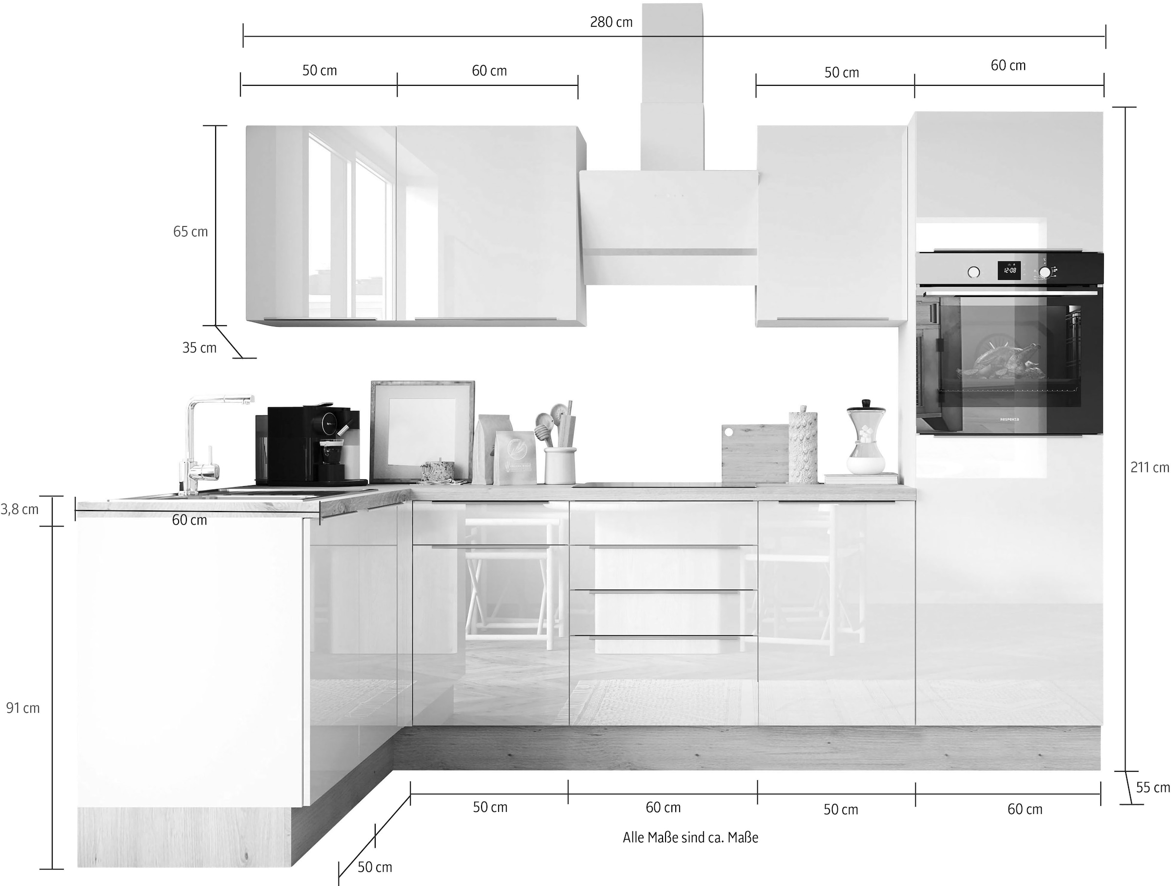 RESPEKTA Winkelküche »Safado aus der Serie Marleen«, Breite 280 cm, hochwertige  Ausstattung wie Soft Close Funktion kaufen | BAUR