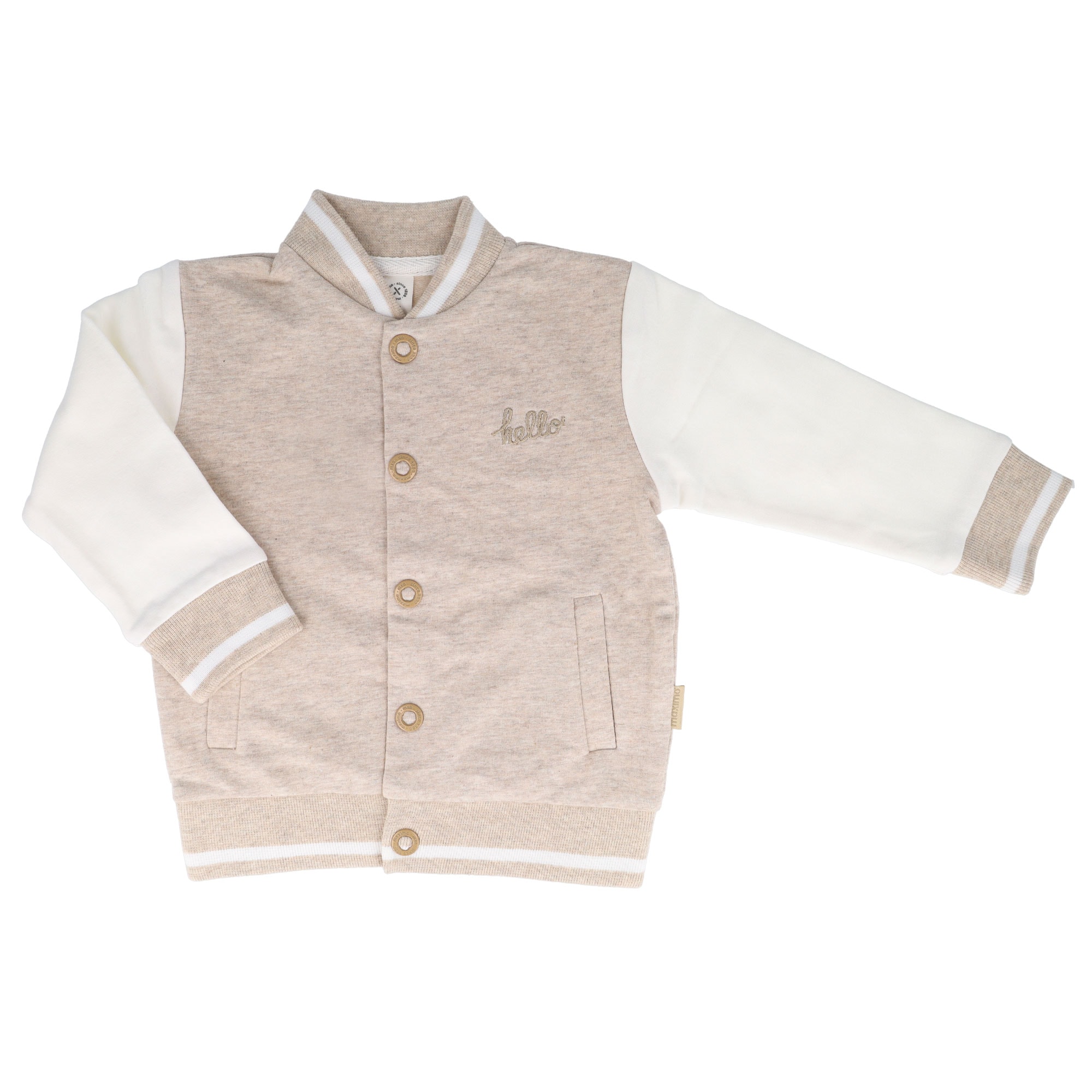 MAXIMO Sweatjacke 1 College Style, beigemeliert, weiße Ärmel, „hello“-Stickerei