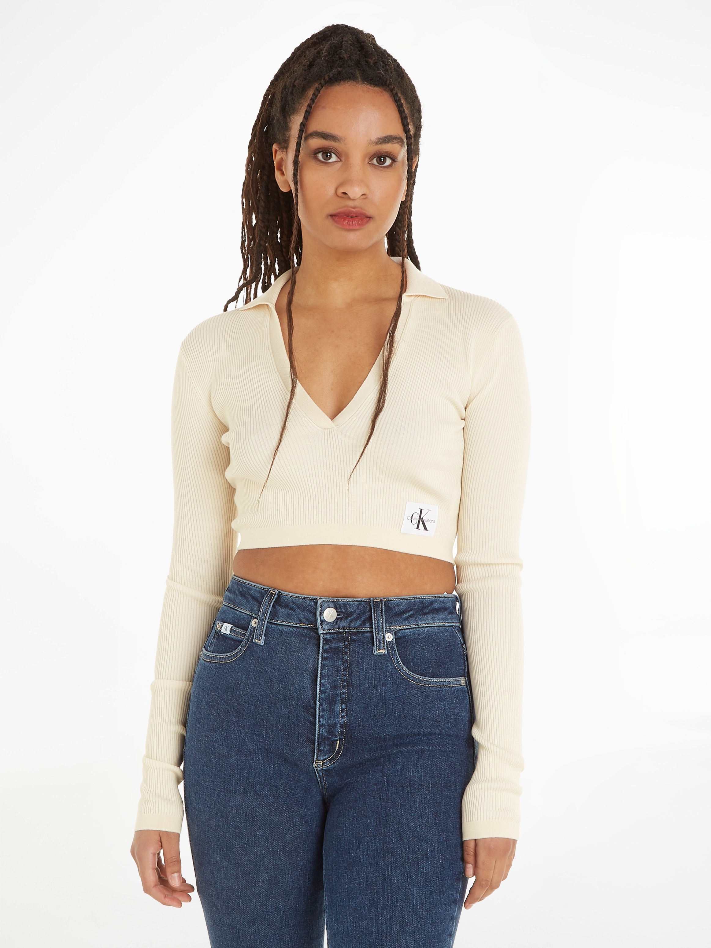 Calvin Klein Jeans V-Ausschnitt-Pullover »LABEL TIGHT CROP V-NECK SWEATER«  für kaufen | BAUR