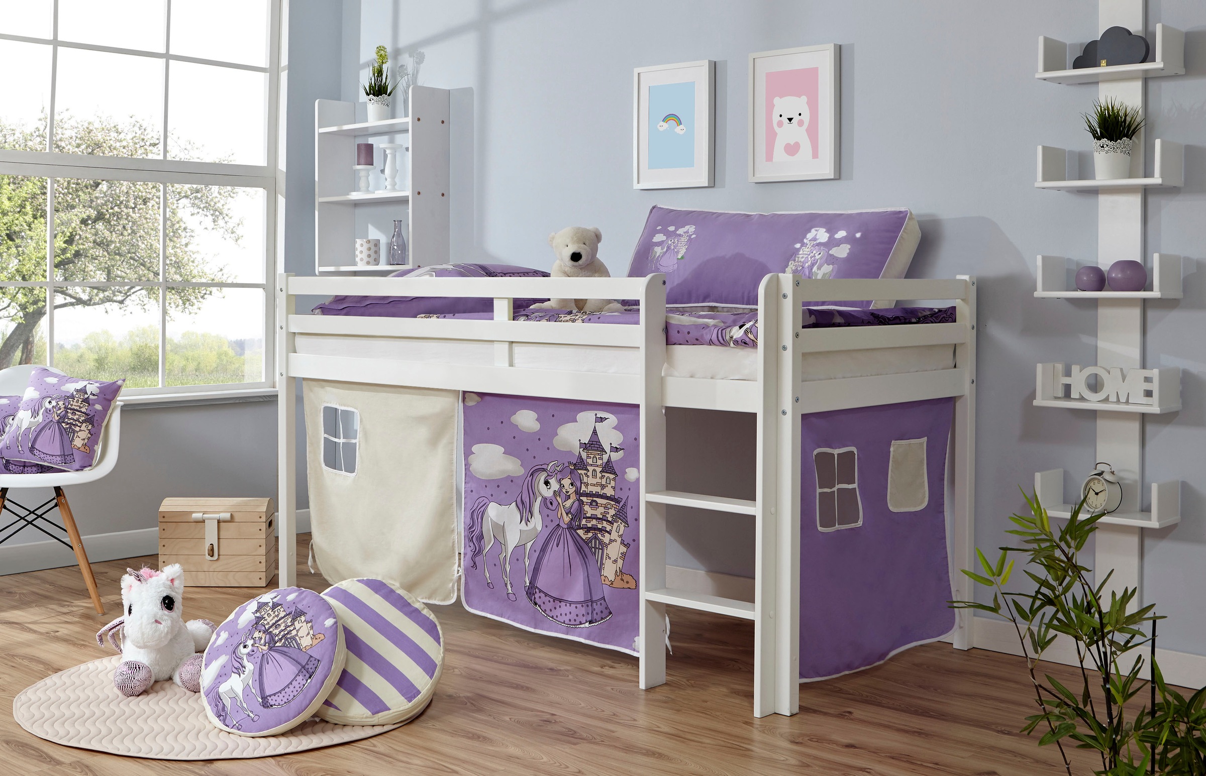 Ticaa Hochbett »Rene«, mit Rollrost und Textil-Set wahlweise mit Matratze, Buche