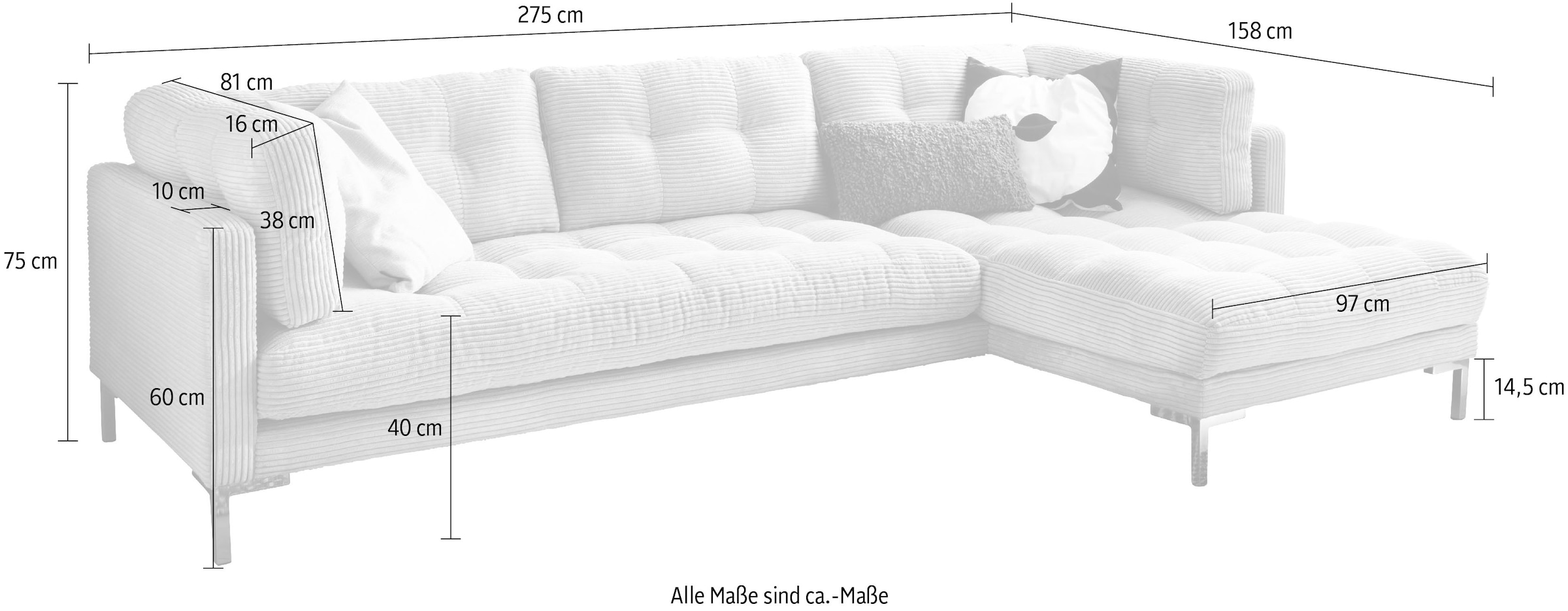 Trends by HG Ecksofa »Landau L-Form«, in Cord-Stoff mit Metallfuß