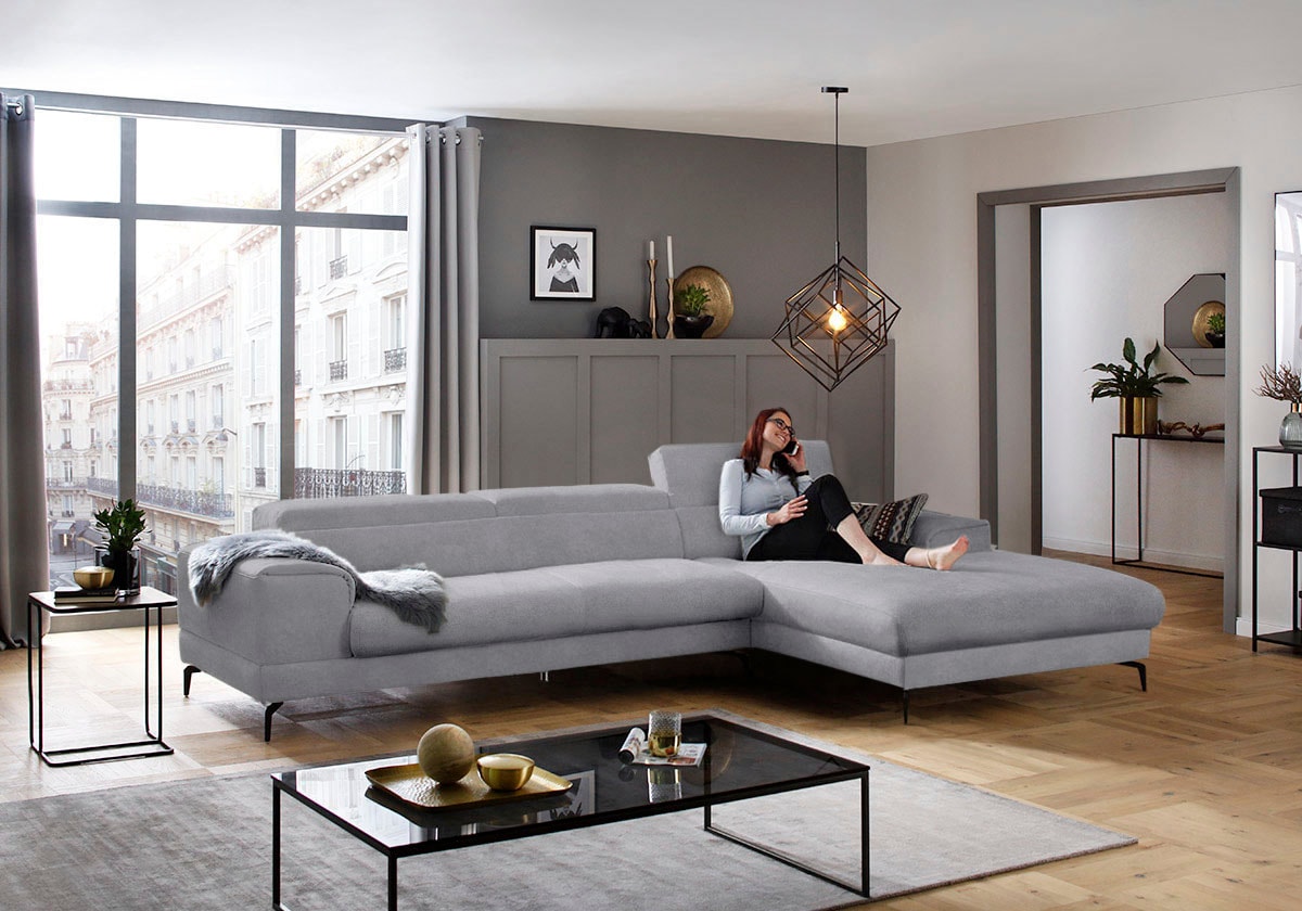 W.SCHILLIG Ecksofa »piedroo, Designsofa mit tollem Sitzkomfort, bequem, L-Form«, Kopfteilverstellung, wahlweise mit Sitztiefenverstellung, Breite 343cm