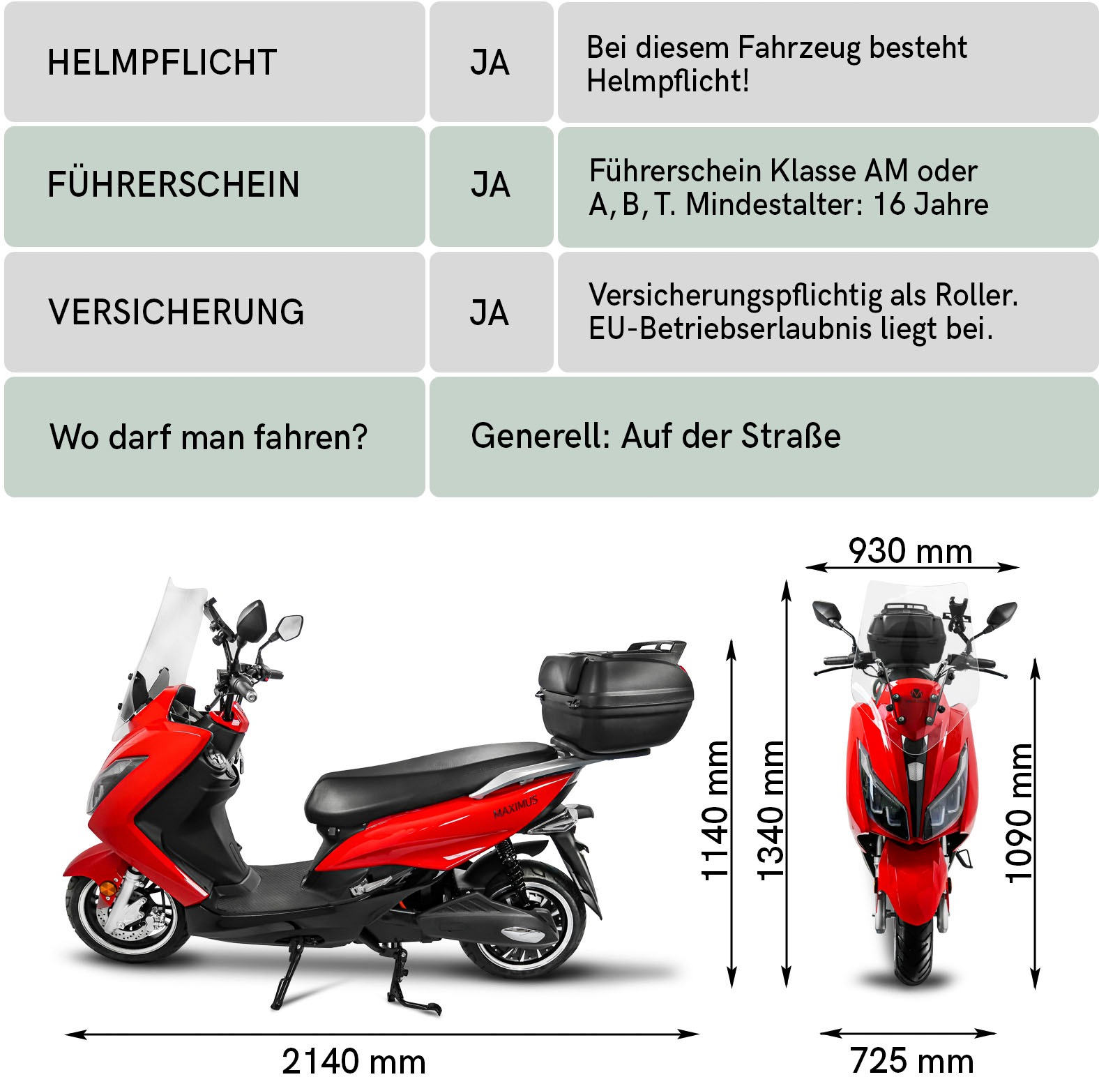 Rolektro E-Motorroller »Maximus MX2-45, 1 Akku«, (mit Topcase), bis zu 84 km Reichweite, mit integr. Alarmanlage