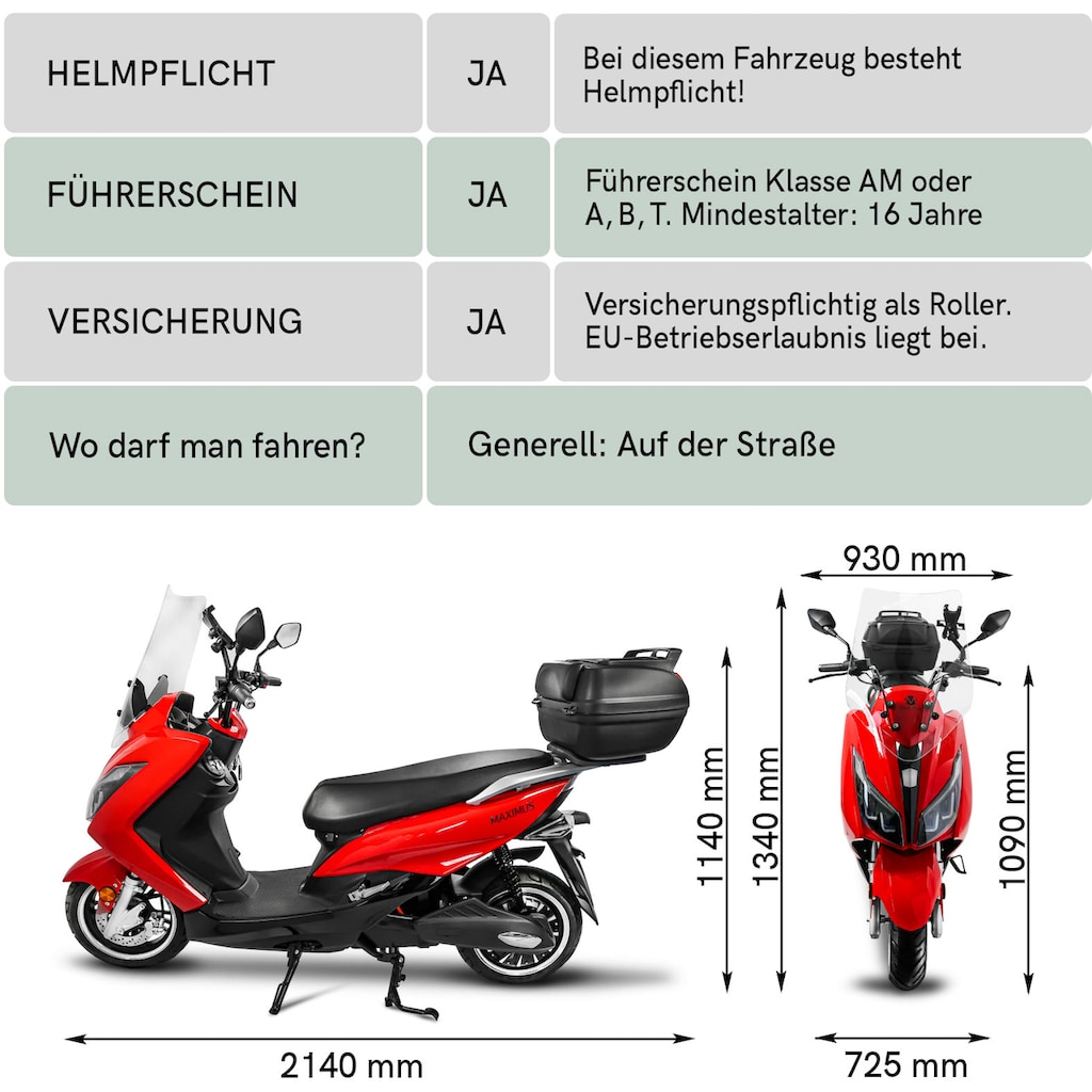 Rolektro E-Motorroller »Maximus MX2-45, 1 Akku«, (mit Topcase)