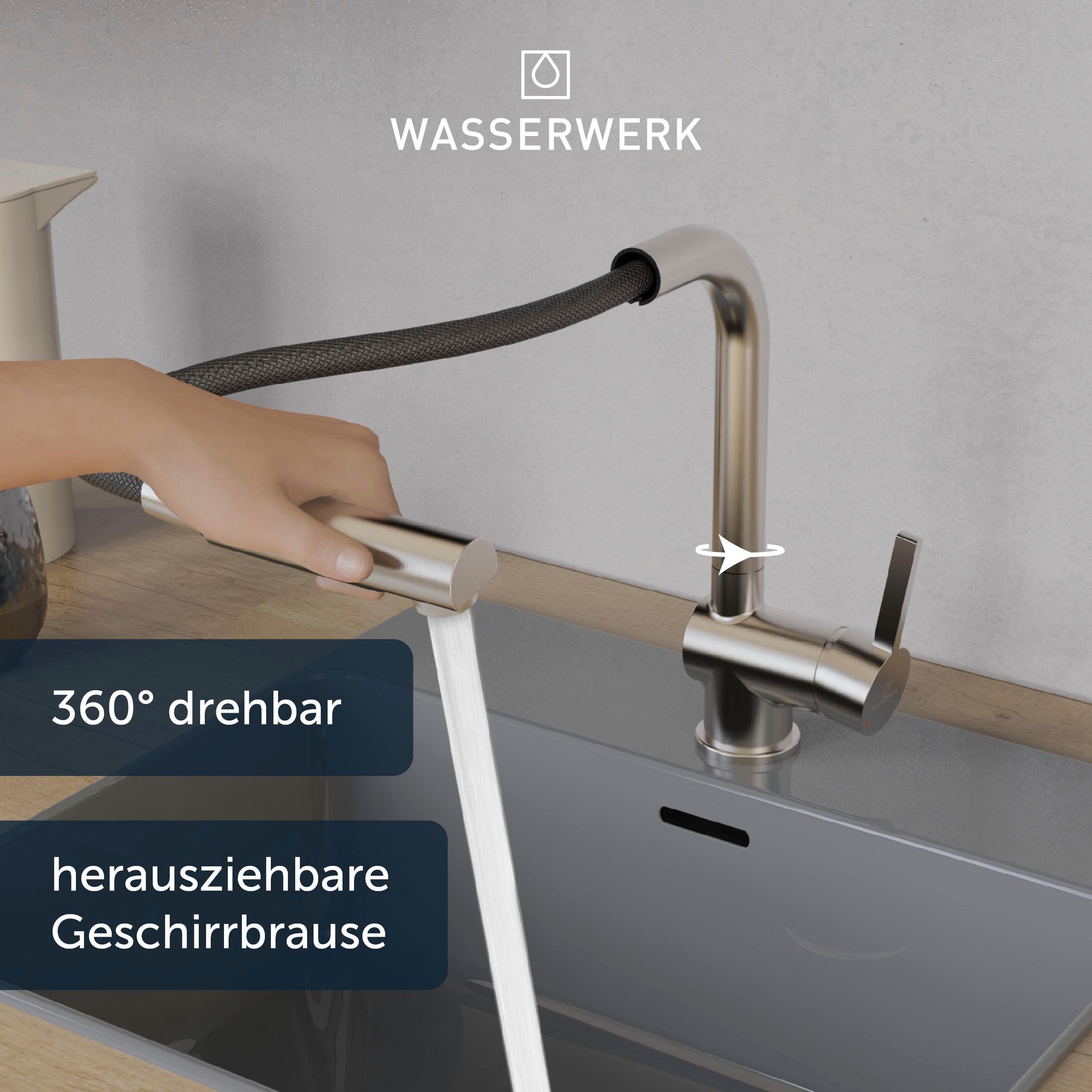 WASSERWERK Spültischarmatur »WK 4, Wasserhahn, Küche, Einhebelmischer«, 360° schwenkbar, Cold-Start-Funkt., herausziehbar