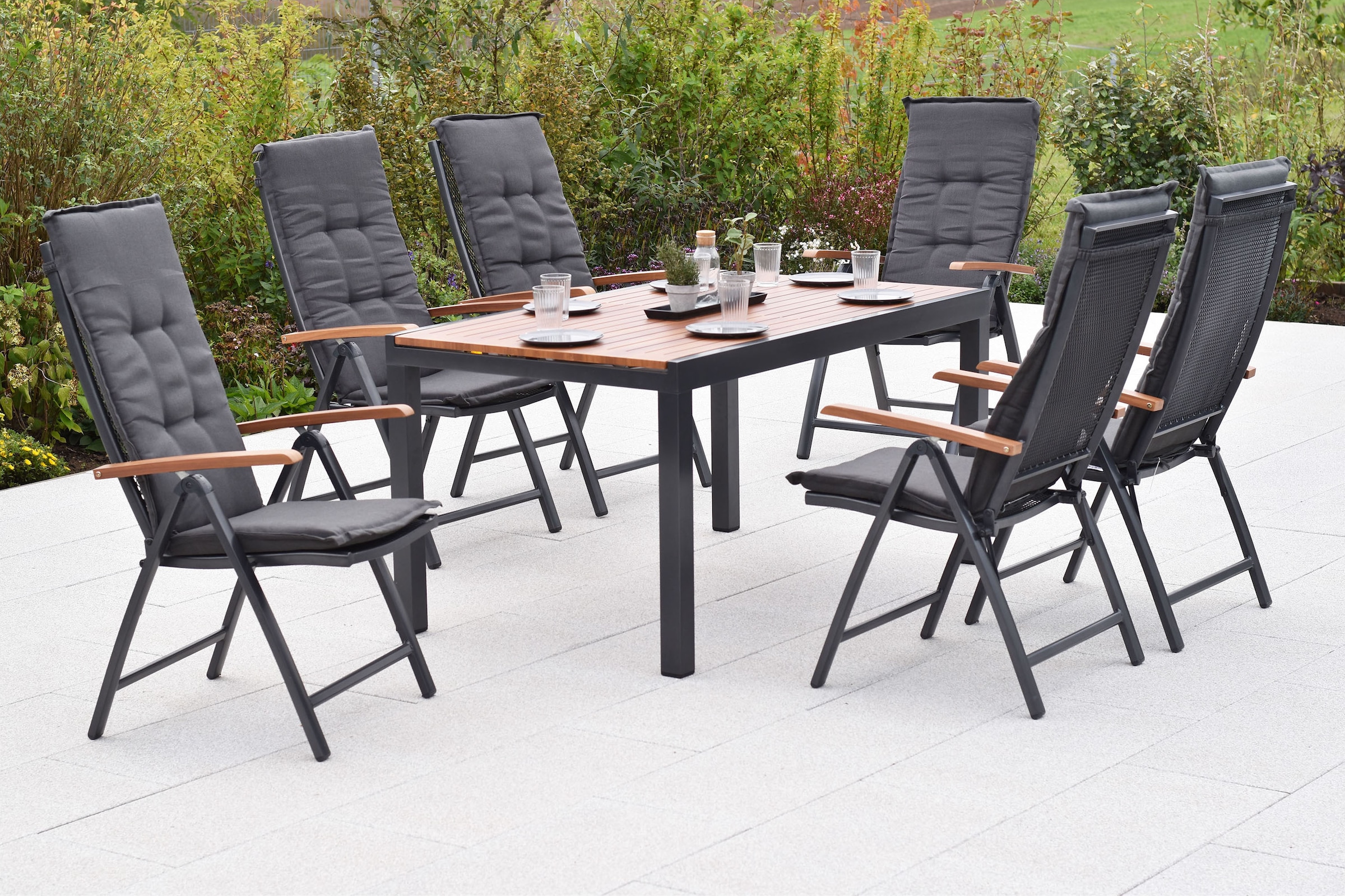 MERXX Garten-Essgruppe »»Thasos««, (Set, 13 tlg.), folierte Armlehnen und Tischplatte in Holzoptik