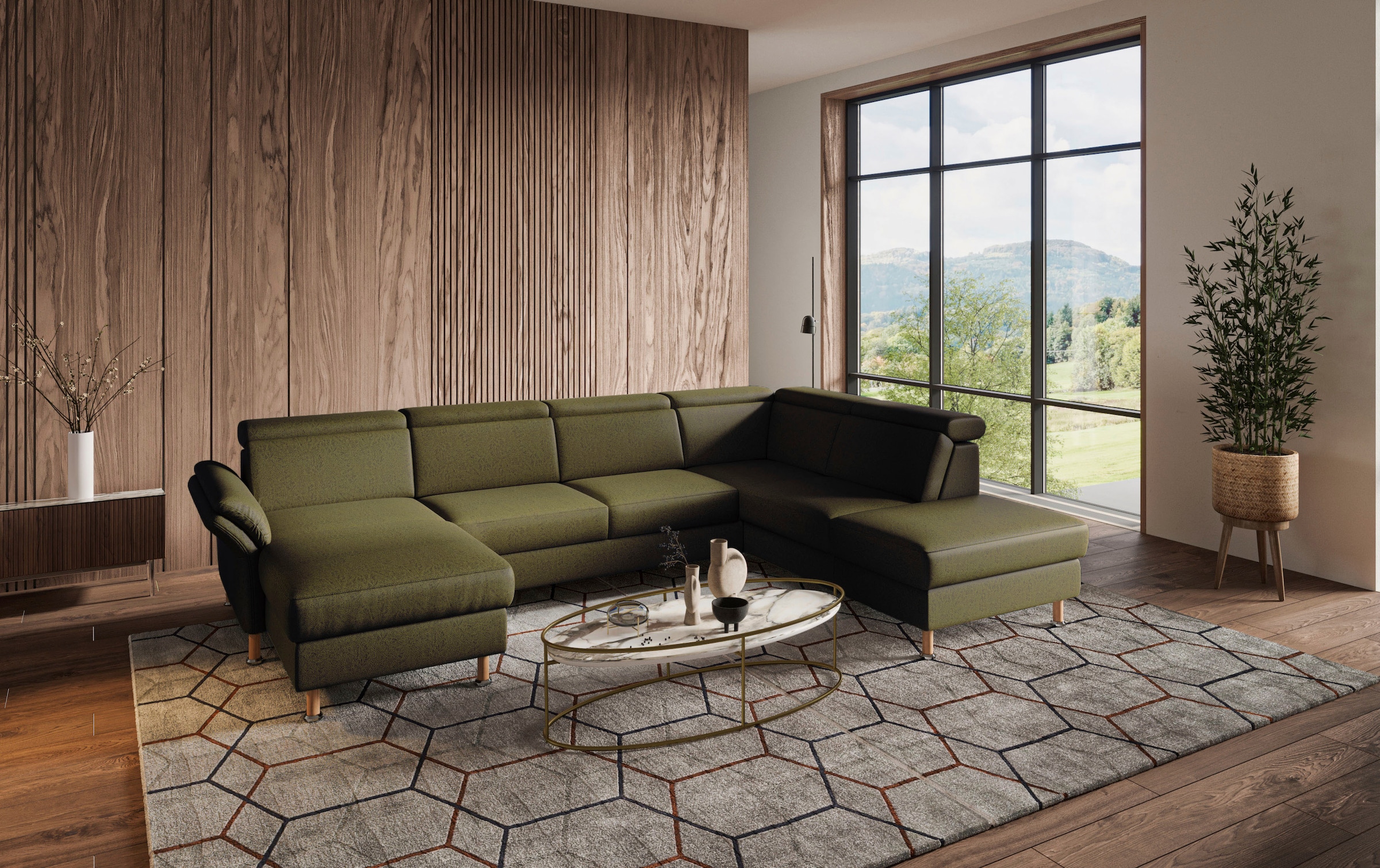 Wohnlandschaft HOME AFFAIRE "Calypso U-Form", grün (olive), B:334cm H:85cm T:227cm, 100%Polyester, Sofas, Wohnlandschaft, wahlweise mit motorischer Relaxfunktion 7