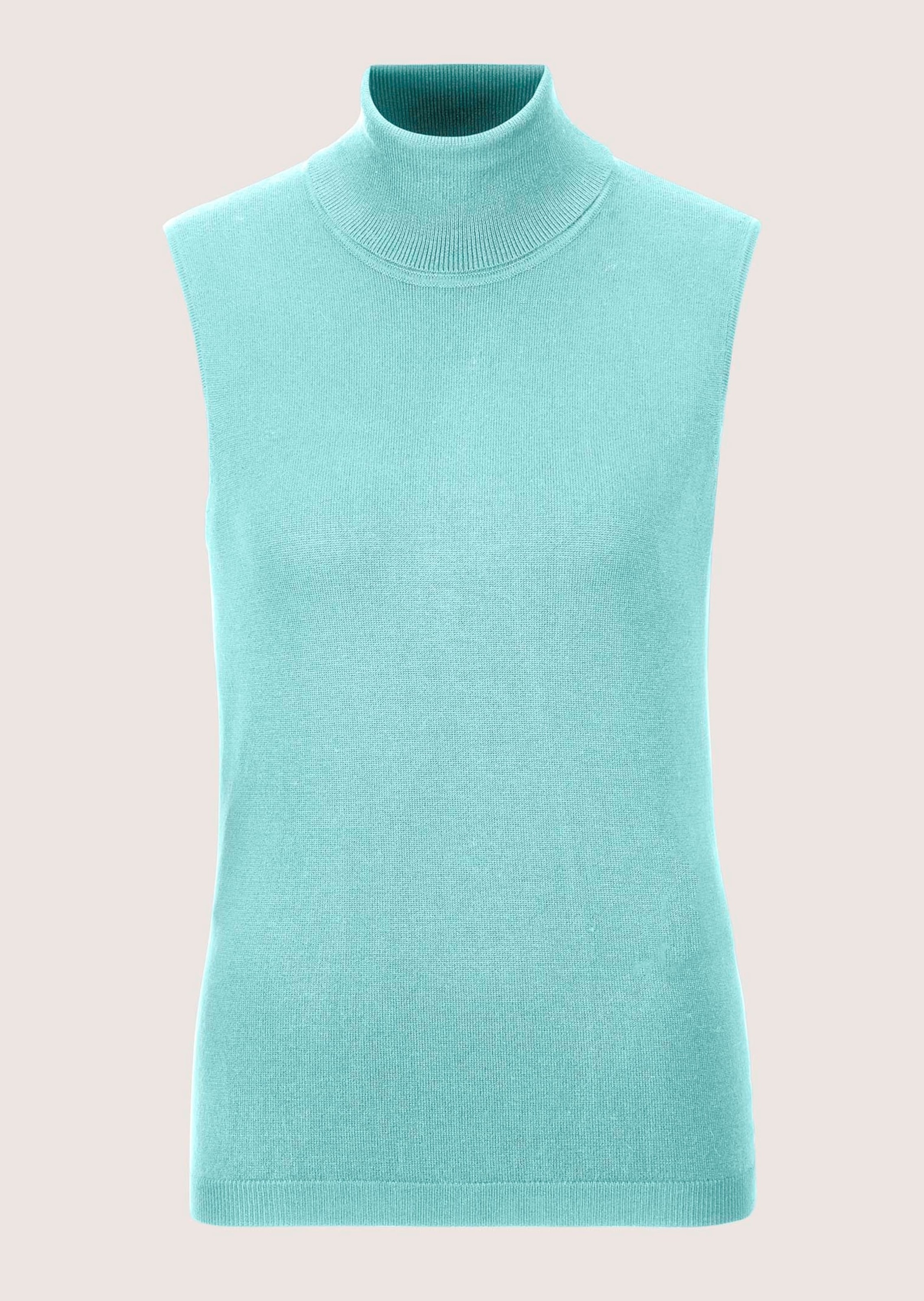 Longpullover MADELEINE "Strickpullover Viskosepullover ohne Ärmel", Damen, Gr. 40/42, grün (mint), Obermaterial: 70% Viskose CV. 30% Polyamid PA., Modern, normal, Pullover Longpullover, Ärmelloser Rollkragenpullover