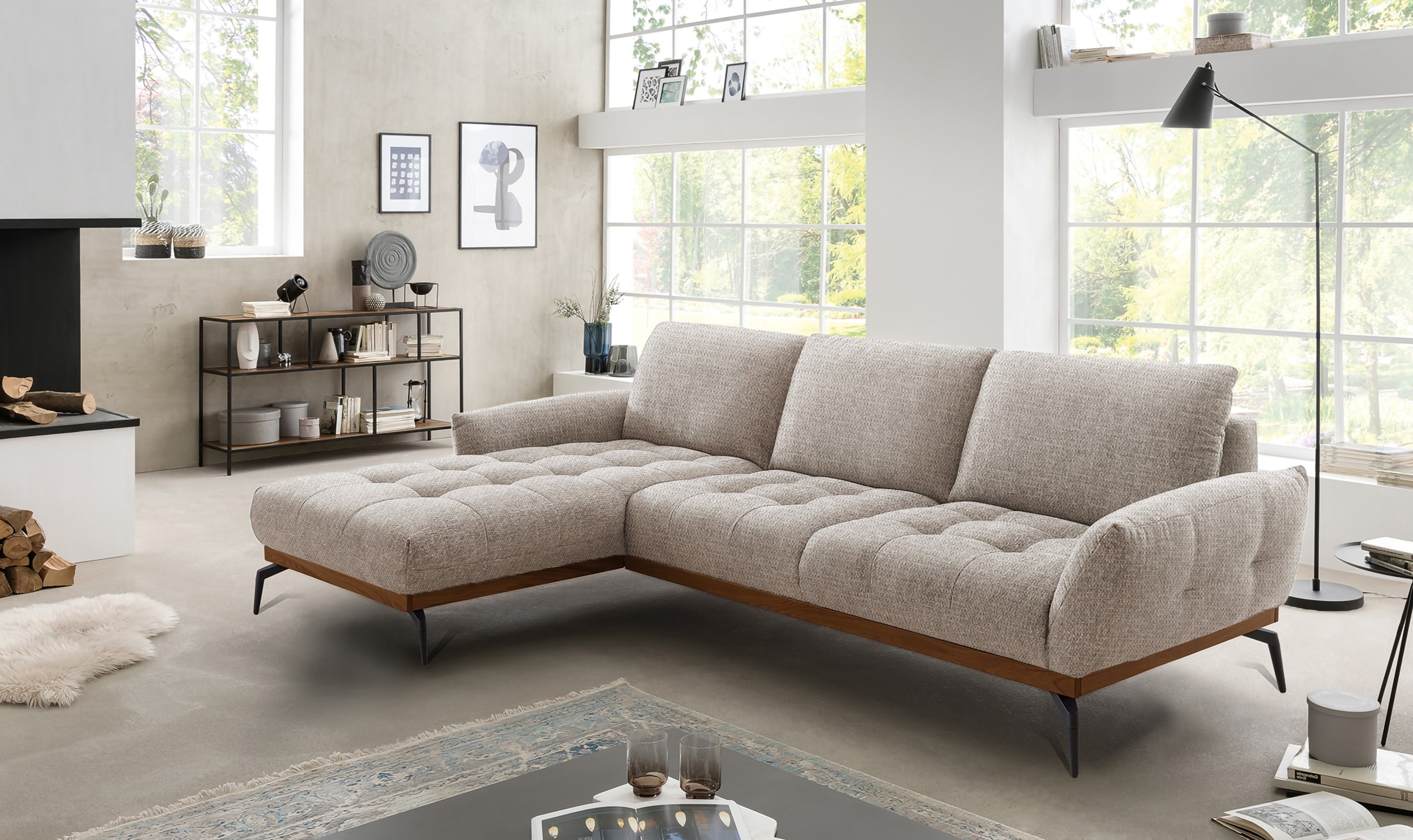 exxpo - sofa fashion Ecksofa »NICEA, erstklassiger Komfort, tolle Details, Holzsockel in eiche geölt«, In hochwertiger Verarbeitung und ergonomische Sitzposition