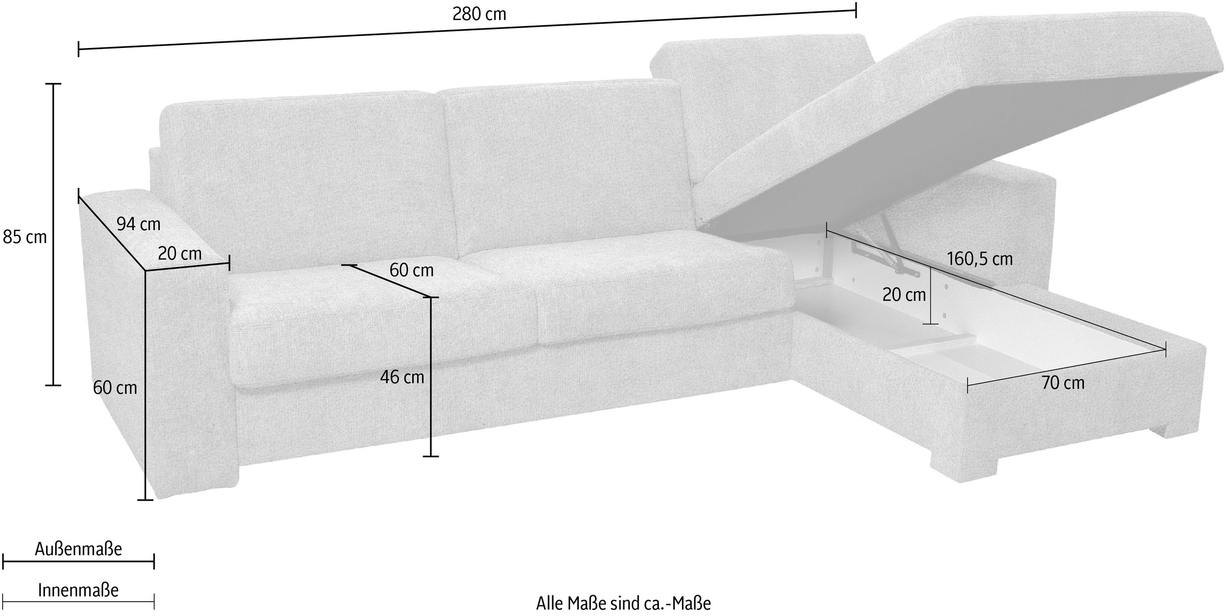 Home affaire Ecksofa »Roma "M" Matratzenhöhe 14 cm, Dauerschlaffunktion, mit Unterfederung,«, Liegemaße ca 143x198 cm, L-Form