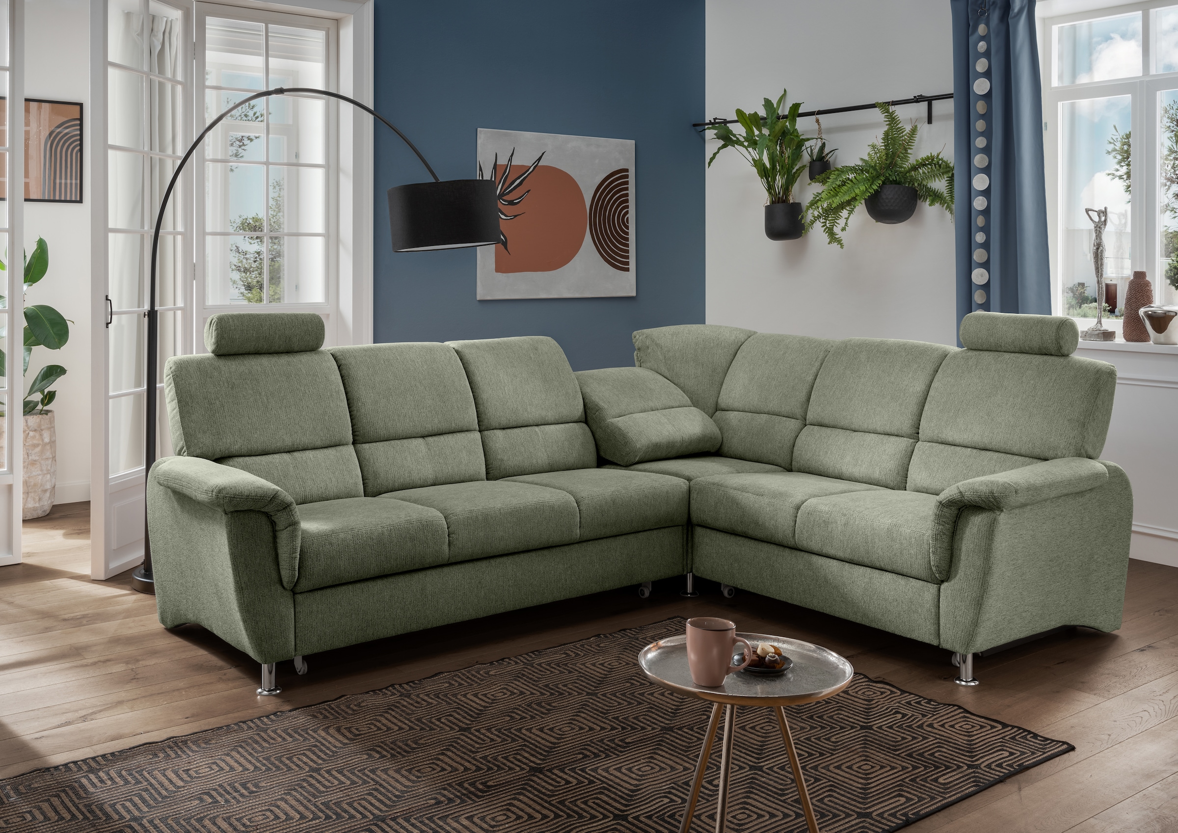 Home affaire Ecksofa »Pisa L-Form, mit Schlaffunktion, Stauraum, 2x höhenverstellbare«, Kopfstützen und Relaxfunktion im Eckelement