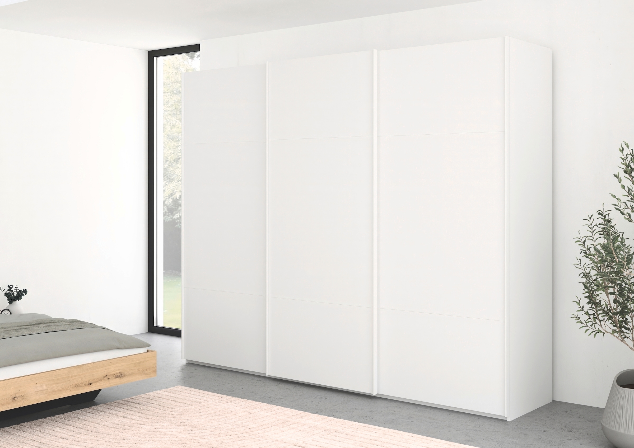 rauch Schwebetürenschrank »Kleiderschrank Schrank Garderobe Schlafzimmerschrank SCALE-TRIO«, edle dreigeteilte Front, 2 Zierleisten in Griff-Farbe MADE IN GERMANY