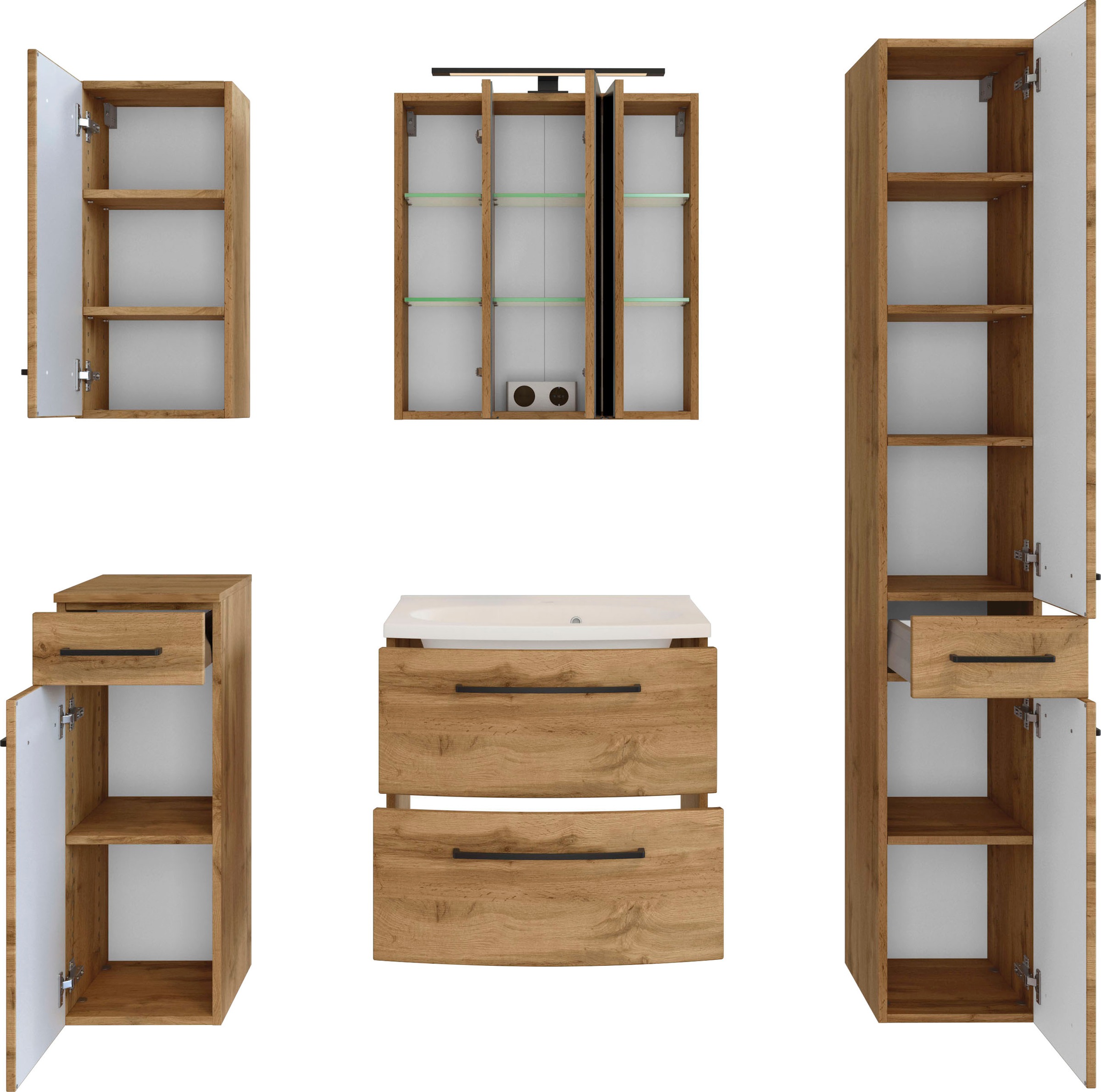 welltime Badmöbel-Set »Chicago«, (5 St., Spiegelschrank, Waschtisch, Hängeschrank, Unterschrank, Seitenschrank)