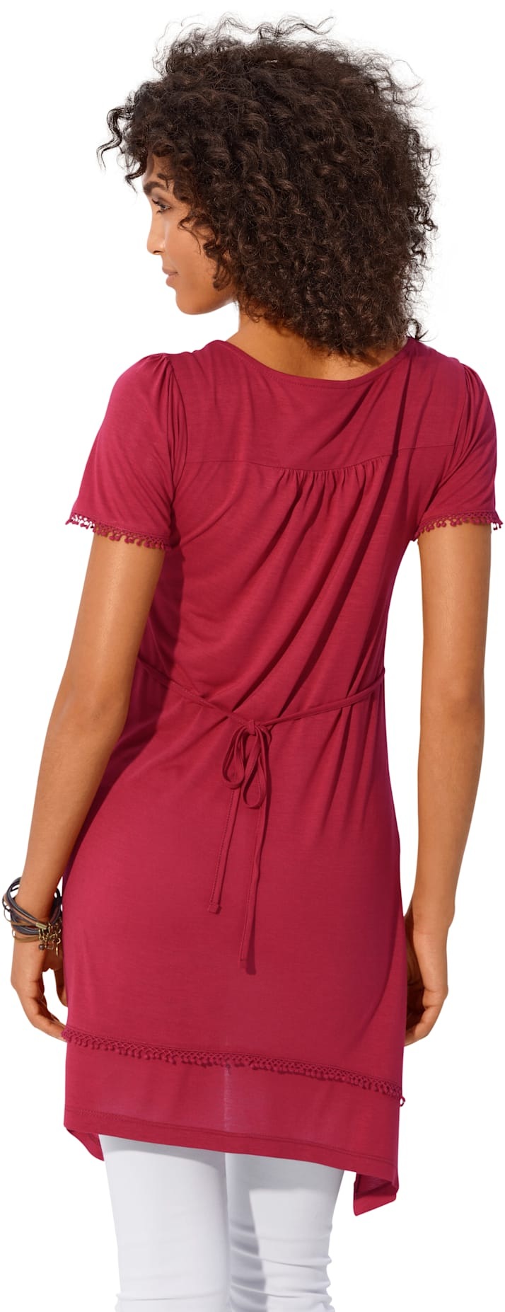 Longshirt HEINE "Longshirt", Damen, Gr. 42, rot (karminrot), 100% Viskose, Spitze:100% Baumwolle, unifarben, Rundhals, Shirts Longshirt 2