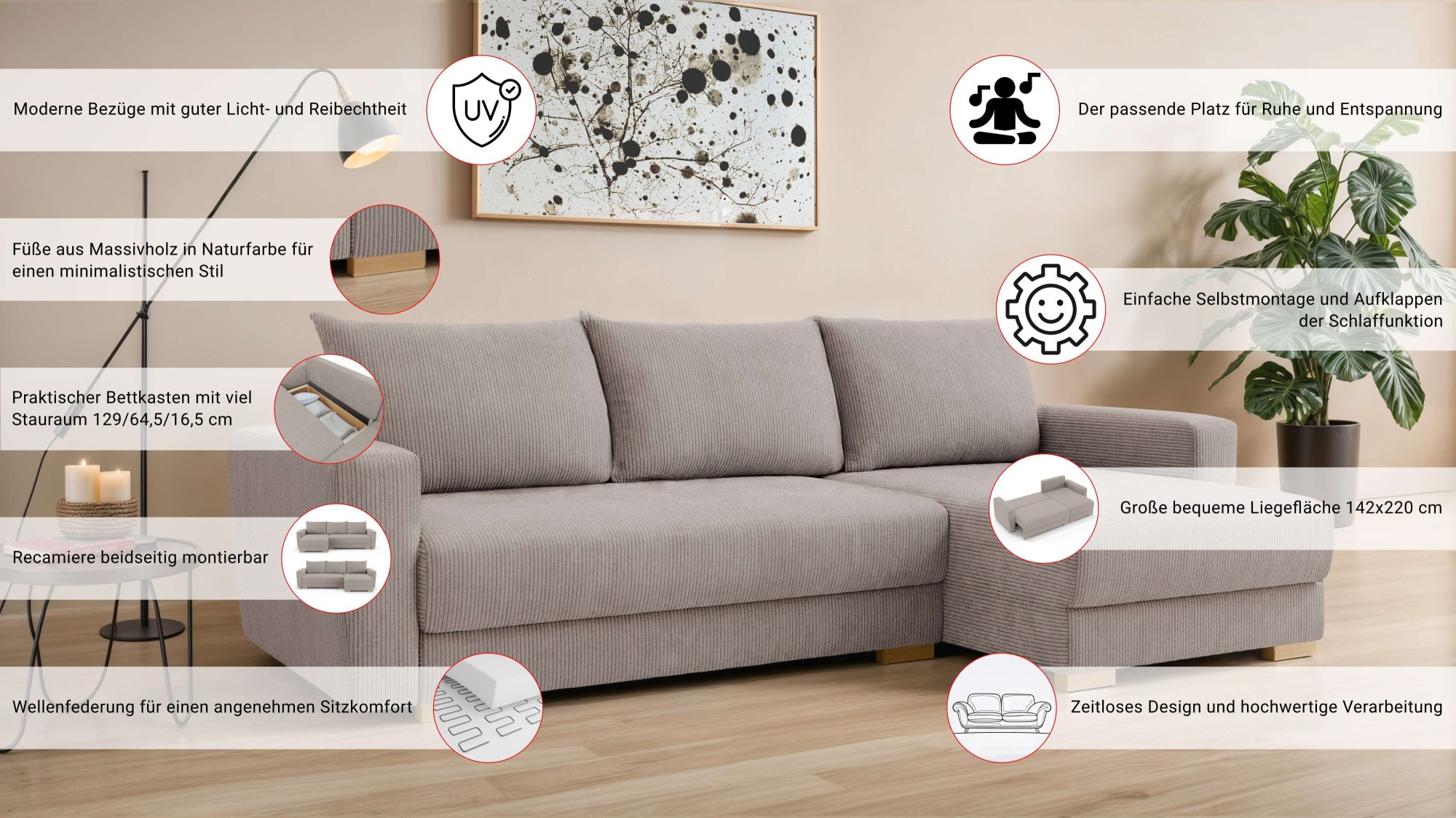 Thumbnail - INOSIGN Ecksofa "MAGHERA universell Schlafsofa mit Bettkasten, Maße B/T/H: 255/142/84cm" L-Form mit Recamiere rechts ode...