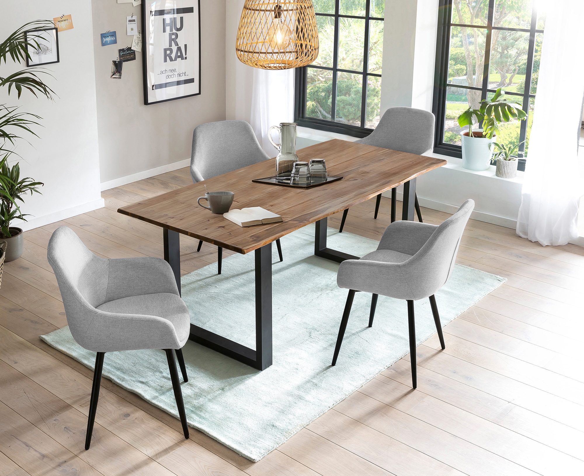 Essgruppe SALESFEVER, grau, Massivholz, Metall, Polyester, Sitzmöbel-Sets, "Essgruppe im schicken Stil", 5-teiliges Set: Tischplatte mit seidenmattem