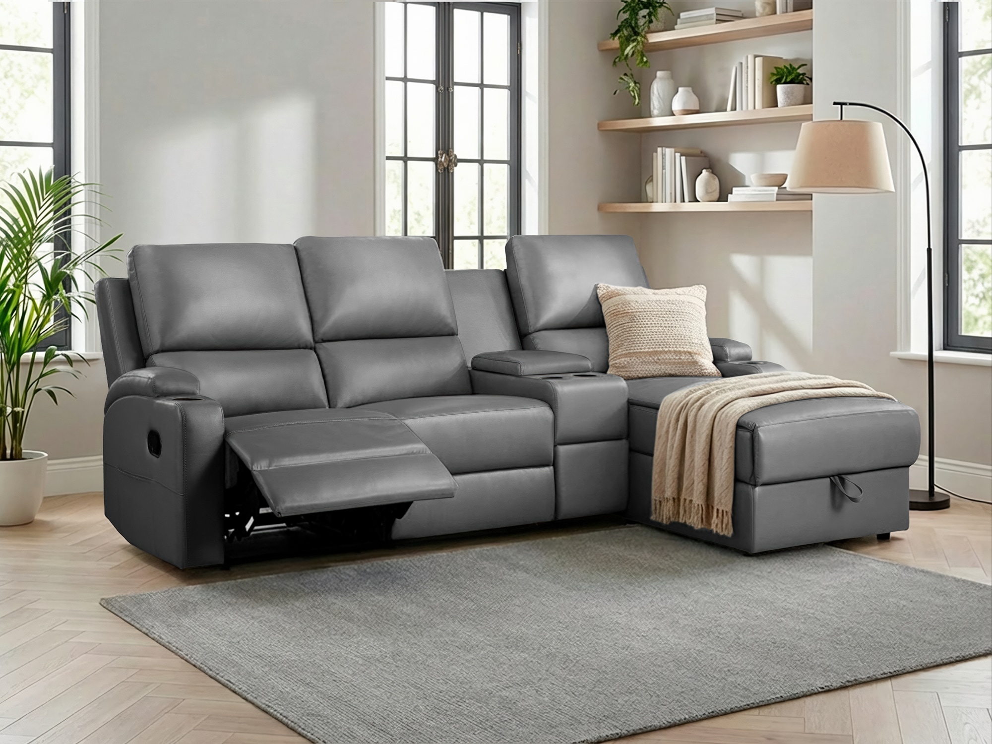 OTTO home Ecksofa "NAPORI Lederoptik, Multimediasofa, 3er Kinosessel XXL, L-Form" Kinosofa, manuelle o. elektr. Relaxfunktion, Staufach, Getränkehalter