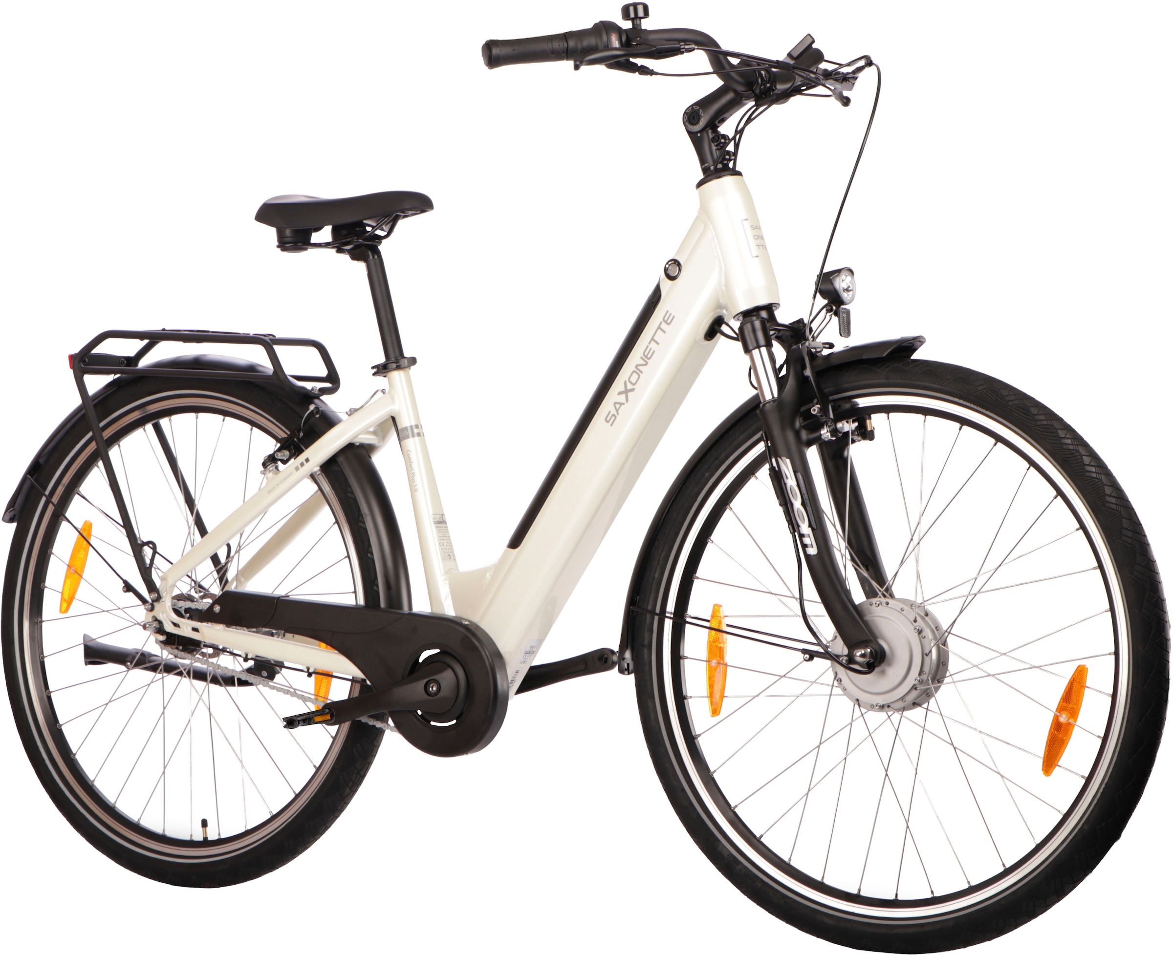 SAXONETTE E-Bike »SAXONETTE Comfort Plus 5.0 E-Bike Damen 28 Zoll«, 7 Gang, Shimano, Nexus 7 Gänge, Frontmotor 250 W, (Packung), (mit integr. Akku), Elektrofahrrad für Alltag und Einkauf