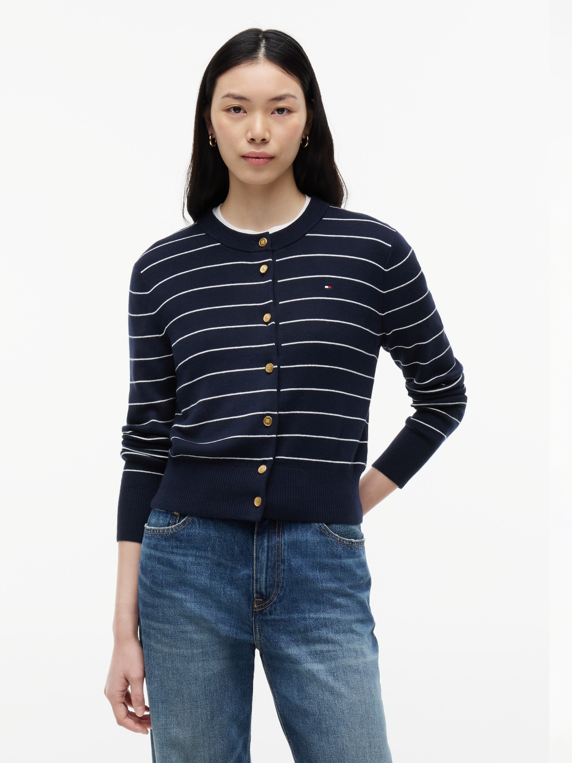 Tommy Hilfiger Strickjacke "FULL NEEDLE STITCH CARDIGAN" Baumwolle, goldfarbene Knöpfe