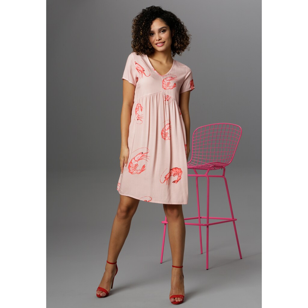 Damenmode Kleider Aniston CASUAL Sommerkleid, mit Garnelen bedruckt altrosa-rot-schwarz Damenmode Kleider Aniston CASUAL Sommerkleid, mit Garnelen bedruckt altrosa-rot-schwarz