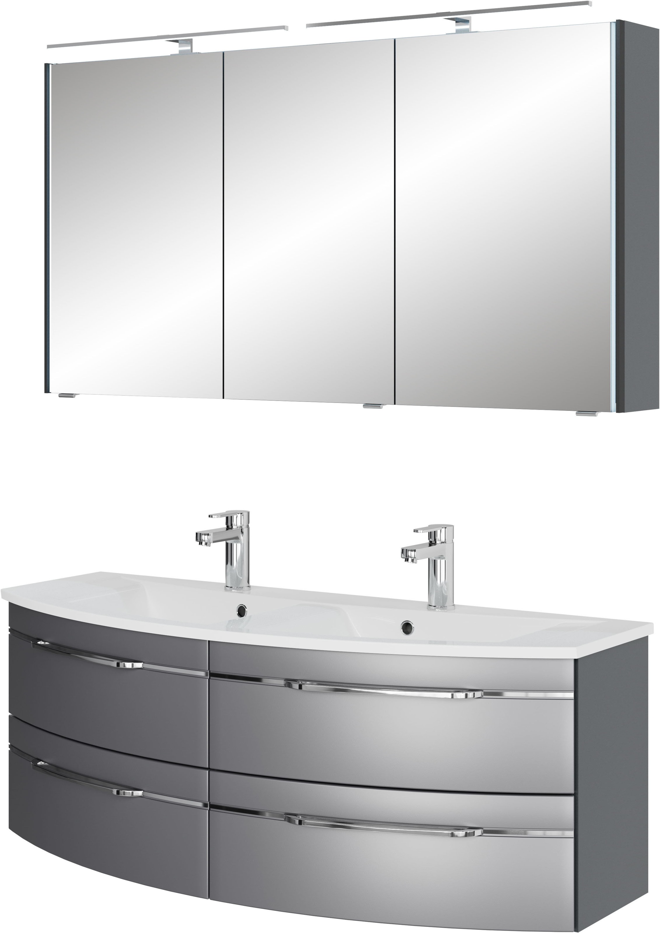 Saphir Badmöbel-Set »Badezimmer-Set 133,2 cm breit, inkl. Türdämpfer, 3 Türen, 4 Schubladen«, (Set, 2 St.), Serie 7045 2-teilig Mineralmarmor-Doppelwaschtisch, LED-Spiegelschrank