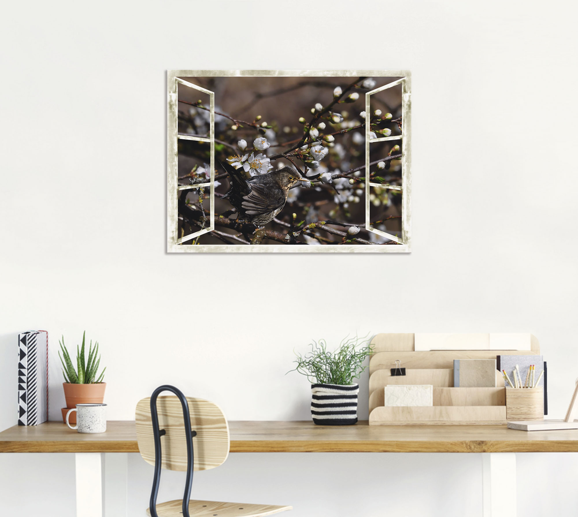 Thumbnail - Artland Wandbild "Fensterblick - Kirschblüten mit Amsel", Vögel, (1 St.), als Alubild, Outdoorbild, Leinwandbild in vers...