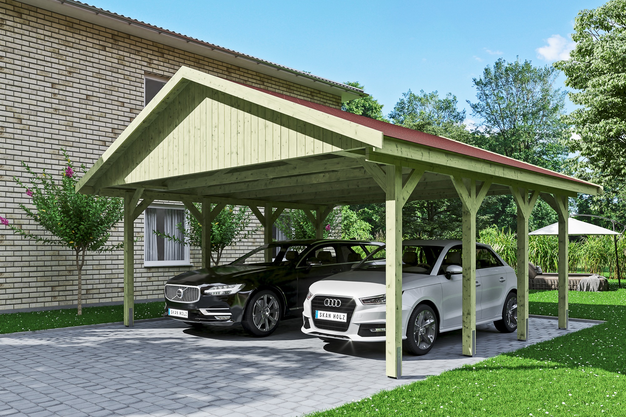 Skanholz Doppelcarport "Wallgau" Massivholz 530 cm Grün mit roten Dachschindeln