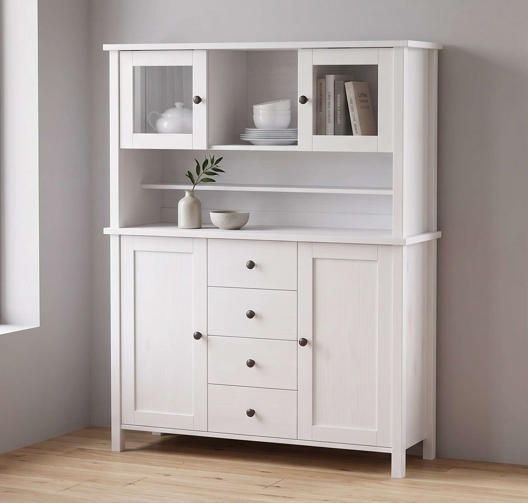 OTTO home Buffet »Mikkeli Küchenbuffet mit 2 Glastüren, Metallgriffe« aus massiver FSC®-zertifizierter Kiefer, moderner Landhausstil