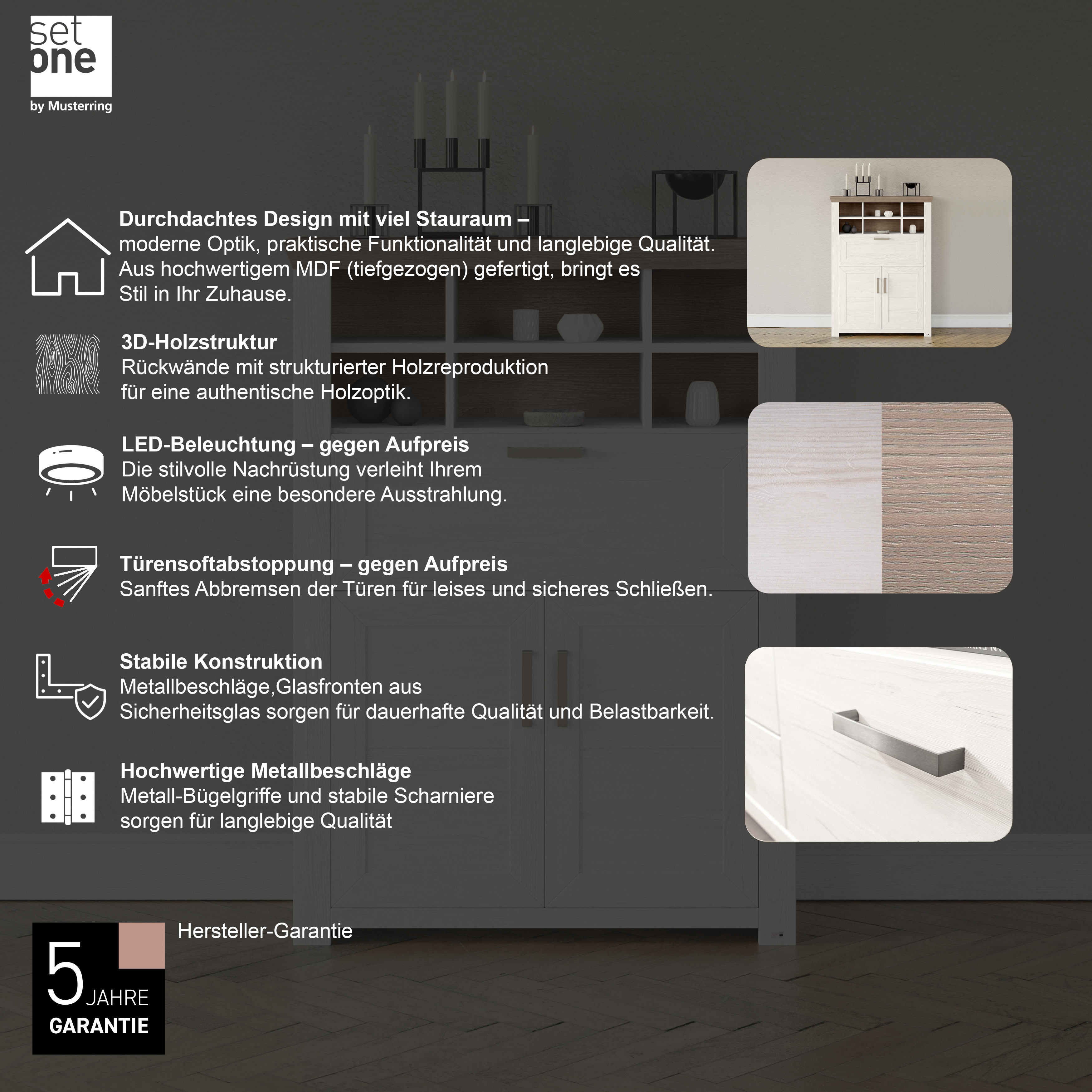 Thumbnail - set one by Musterring Highboard "York" Typ 15, mit Holztüren und Klappe, Beleuchtung optional, Breite 105 cm
