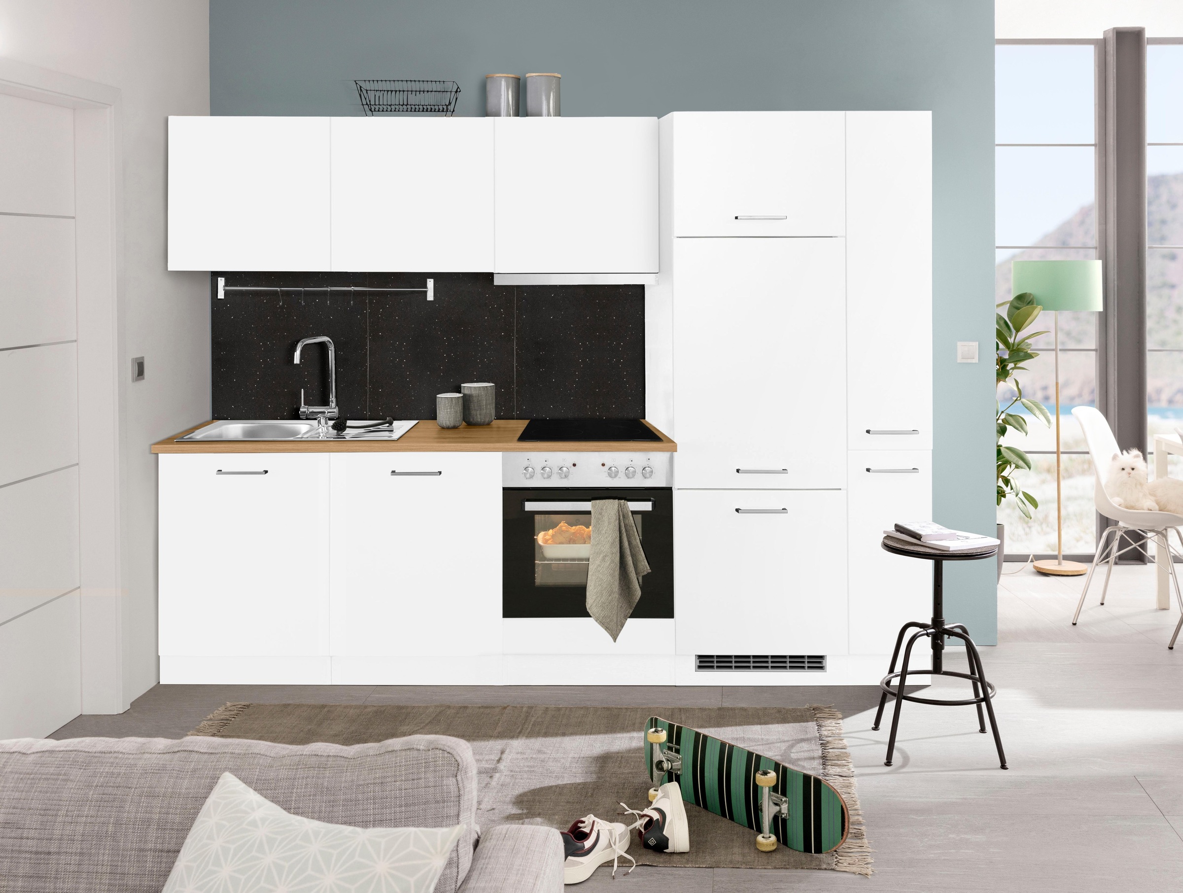 KOCHSTATION Küchenzeile »KS-Kehl«, mit E-Geräten, Breite 270 cm, inkl. Kühlschrank und Geschirrspüler