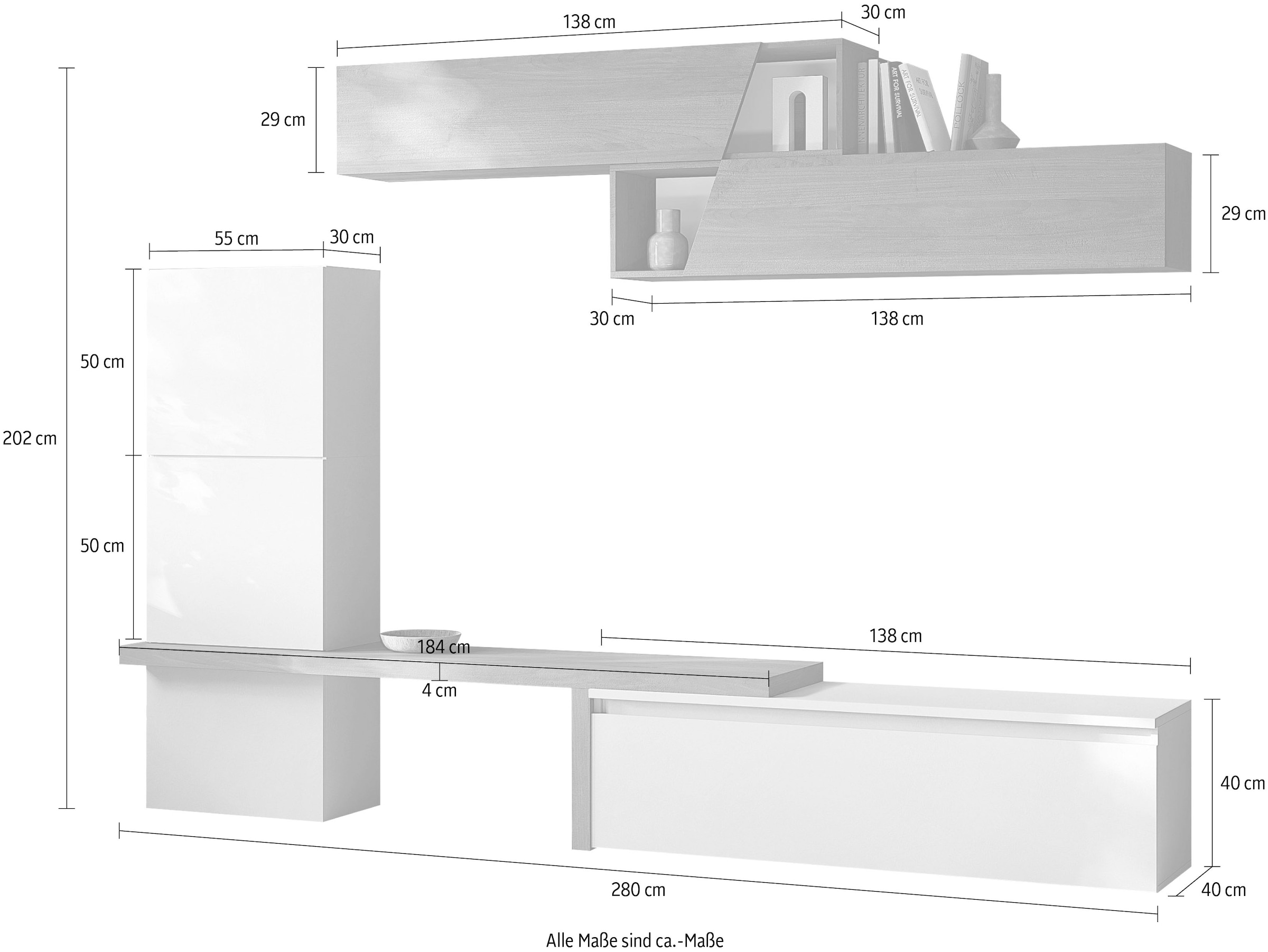 INOSIGN Wohnwand »INFINITY, 7tlg. Breite 280 cm, moderne Mediawand (Lowboard,«, (7 St.), T-Boden, 2x Hängewürfel, Würfel-Element, 2 Hängeschrank)
