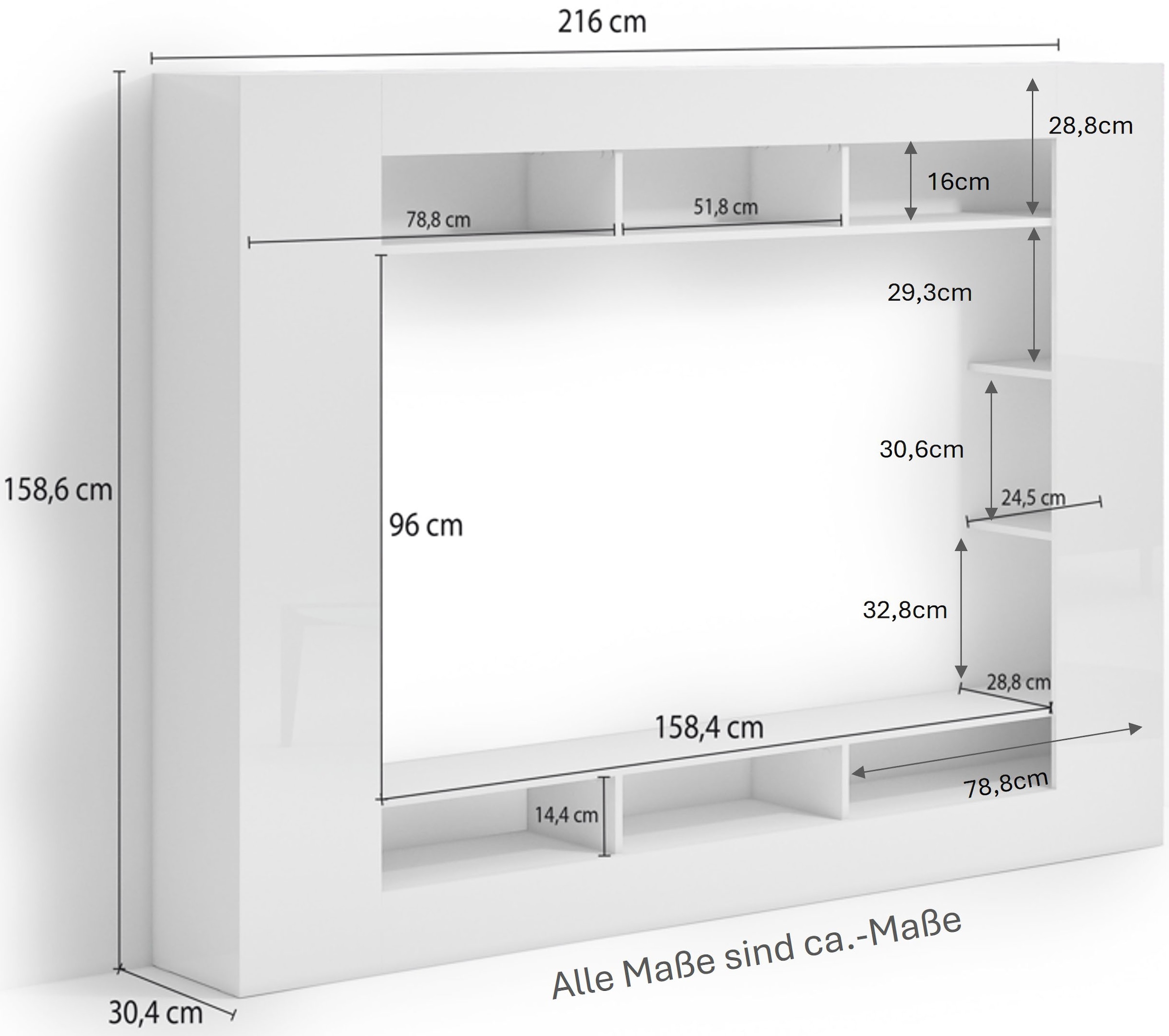 OTTO home Wohnwand »SPEED, TV-Wand, hochglanz lackiert,ideal für TV-Geräte bis zu 65 Zoll«, (1 St.), Made in Italy, B/T/H: 216×30,4×158,6 cm, mit ca. 12 offenen Fächern