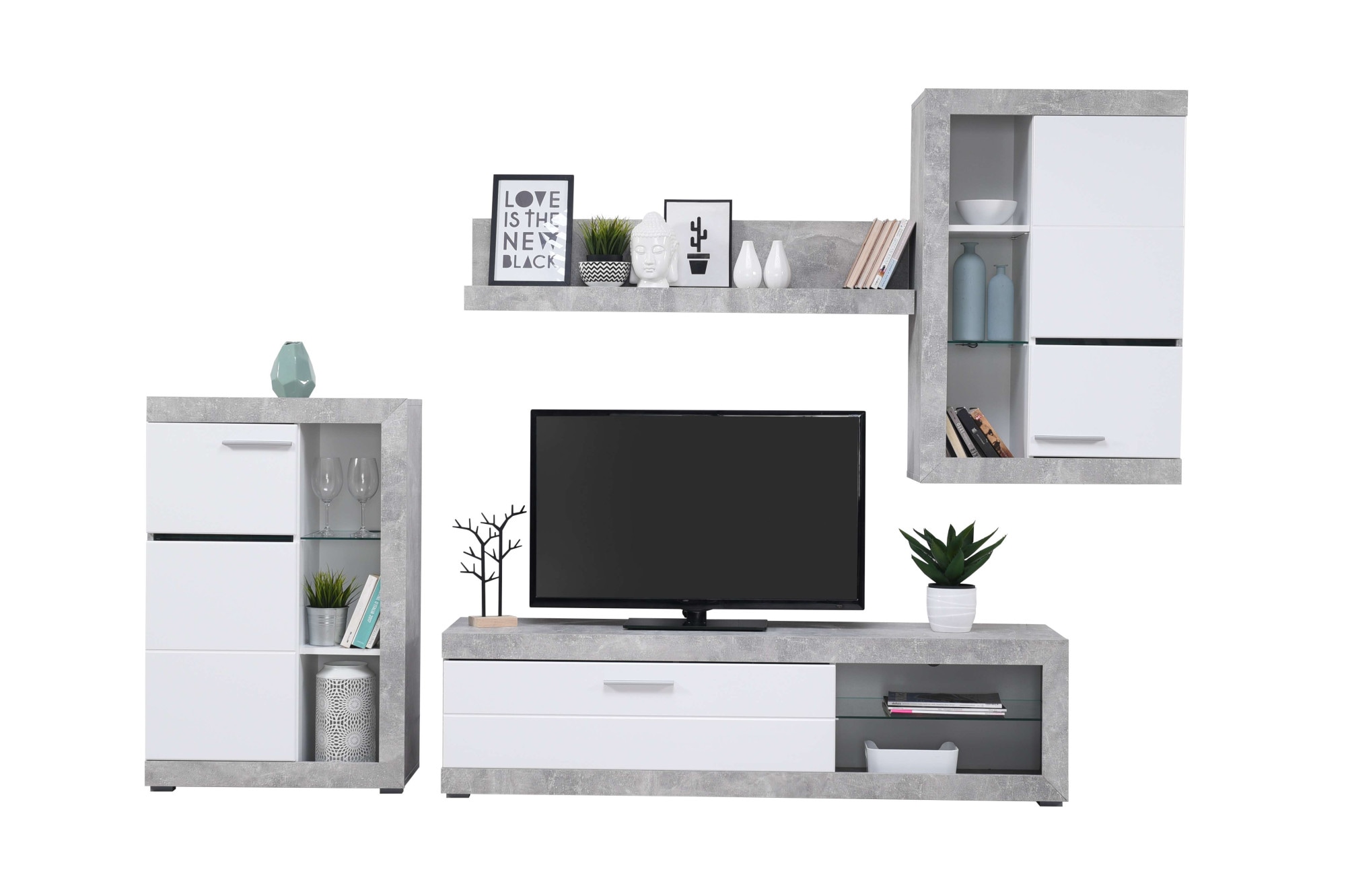 INOSIGN Wohnzimmer-Set »Rosso Wohnwand, Mediawand, Anbauwand, für TV bis 60', Breite 267 cm«, (Komplett-Set, 4 St., 4-st), Set besteht aus Highboard, TV-board, Wandregal und Hängeschrank