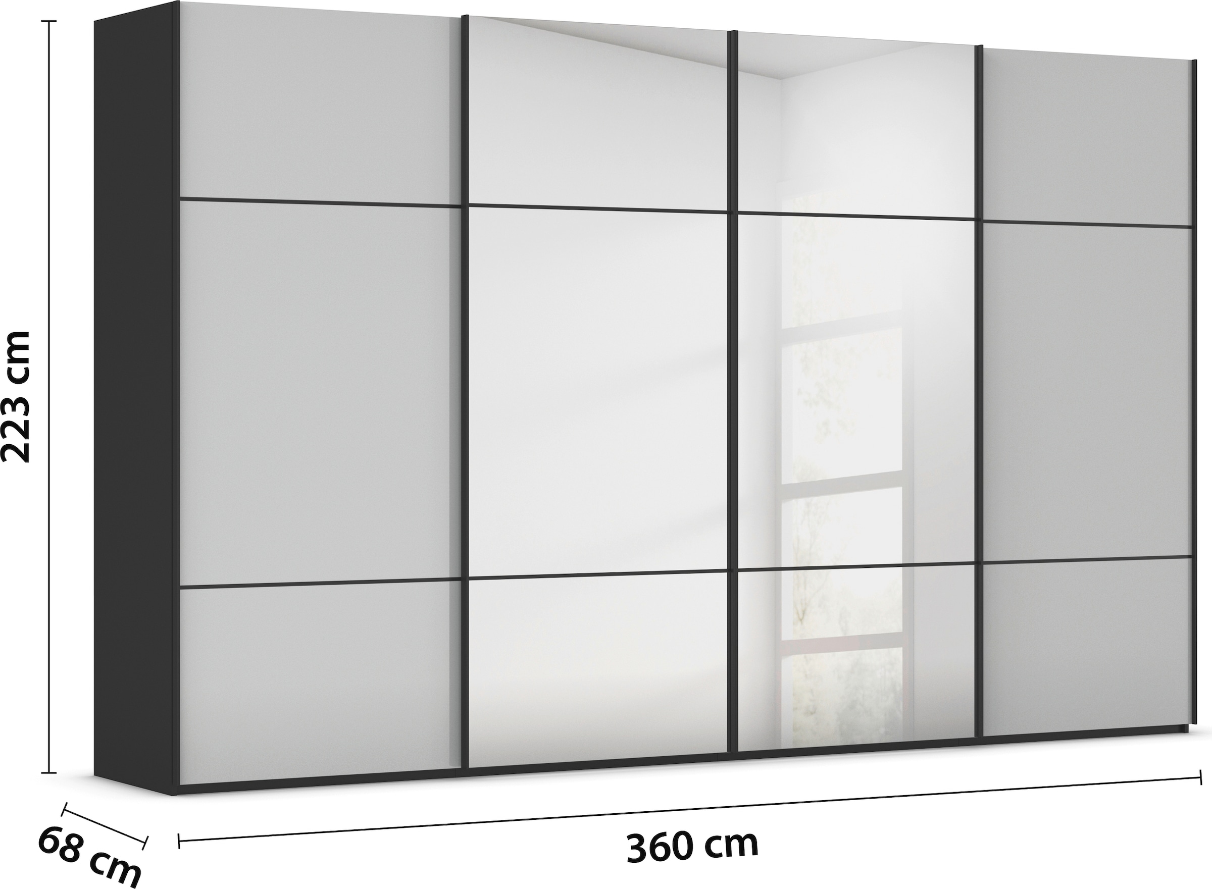rauch Schwebetürenschrank »Kleiderschrank Schrank Garderobe Schlafzimmerschrank SCALE-TRIO«, edle dreigeteilte Front mit 2 Zierleisten Spiegel/Glas MADE IN GERMANY