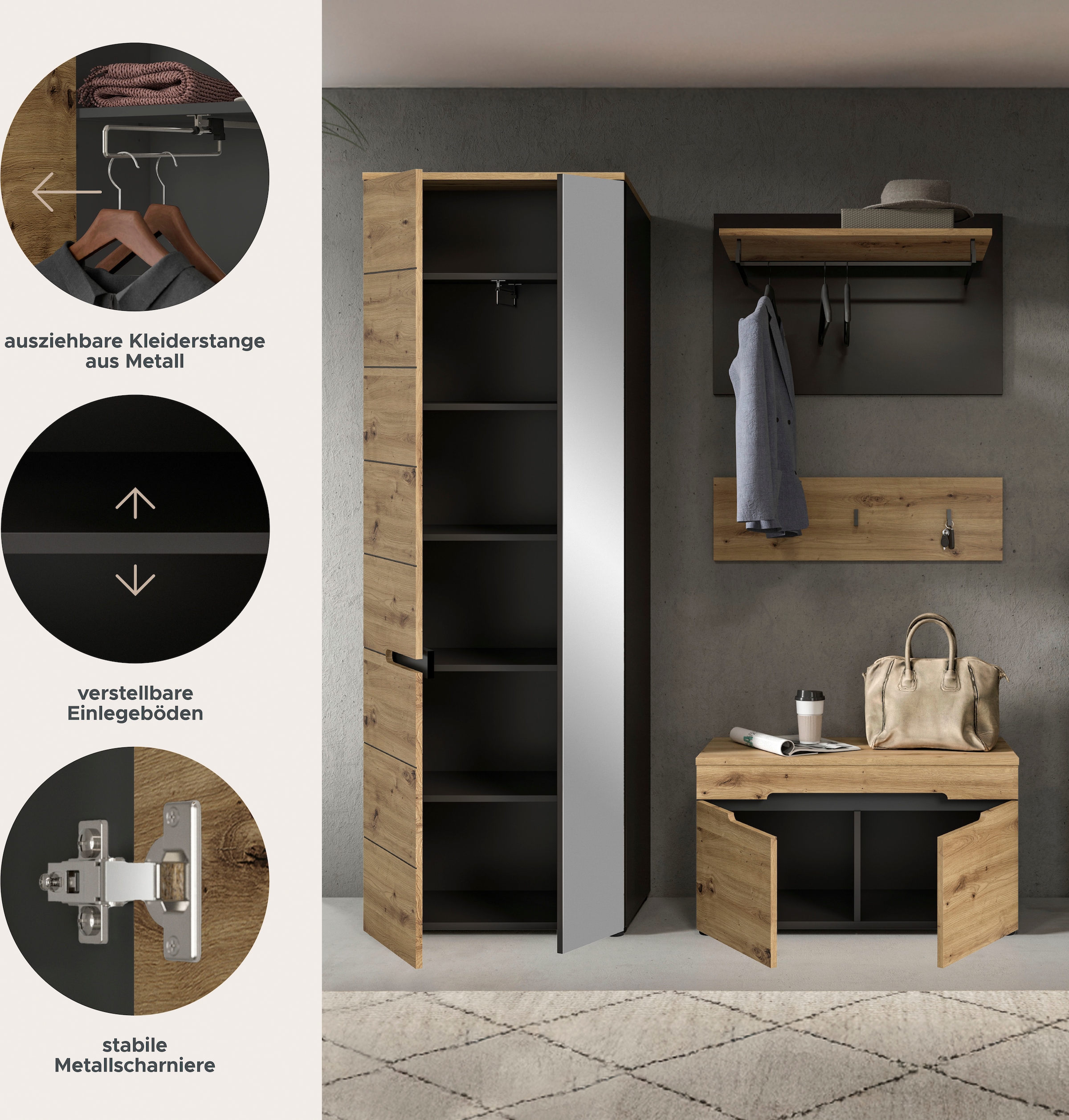 INOSIGN Garderoben-Set »REHAT, TOPSELLER!, 4-teilig, Breite 160cm, individuell stellbar«, (3 St.), Garderobenkombination, Kombination, Diele, Garderobe, Garderobenmöbel