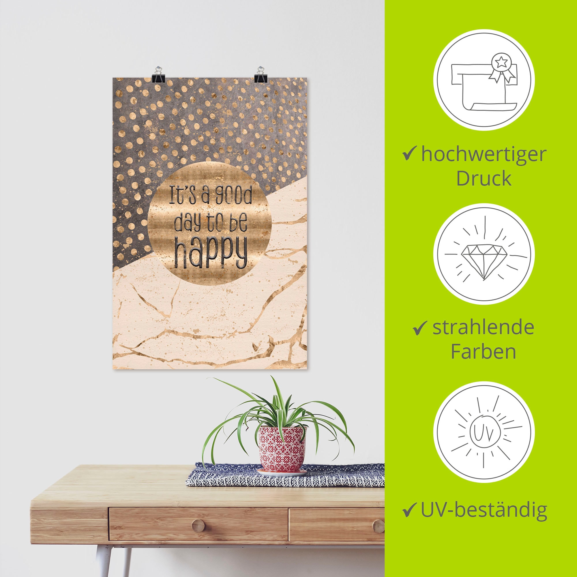 Artland Wandbild »Ein guter Tag um glücklich zu sein« Sprüche & Texte 1 Stk. tlg. als Alubild, Outdoorbild, Leinwandbild, Poster, Wandaufkleber