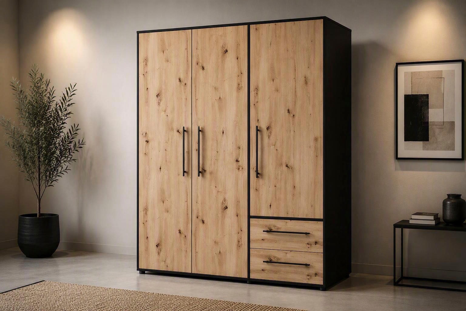 FORTE Kleiderschrank "Mokkaris, Garderobe, zeitloses Design, 3 Türen, Made in Europe" B/H/T ca. 144x200x59cm, Zwei Schubladen, schwarze Stangengriffe, Stauraum, auch in Schwarz