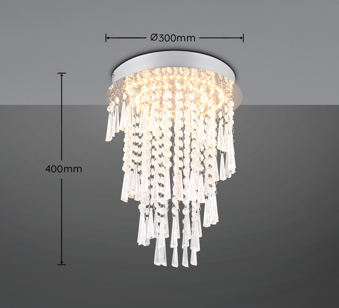 REALITY Leuchten LED Deckenleuchte »POMP, LED Deckenlampe 18W 2400 Lumen CCT 2700-6500K Ø 30cm H.40cm« LED-Board 1 Stk. Farbwechsler | warmweiß - kaltweiß chromfarbige Deckenleuchte mit glitzerndem Acryl Behang, Fernbedienung