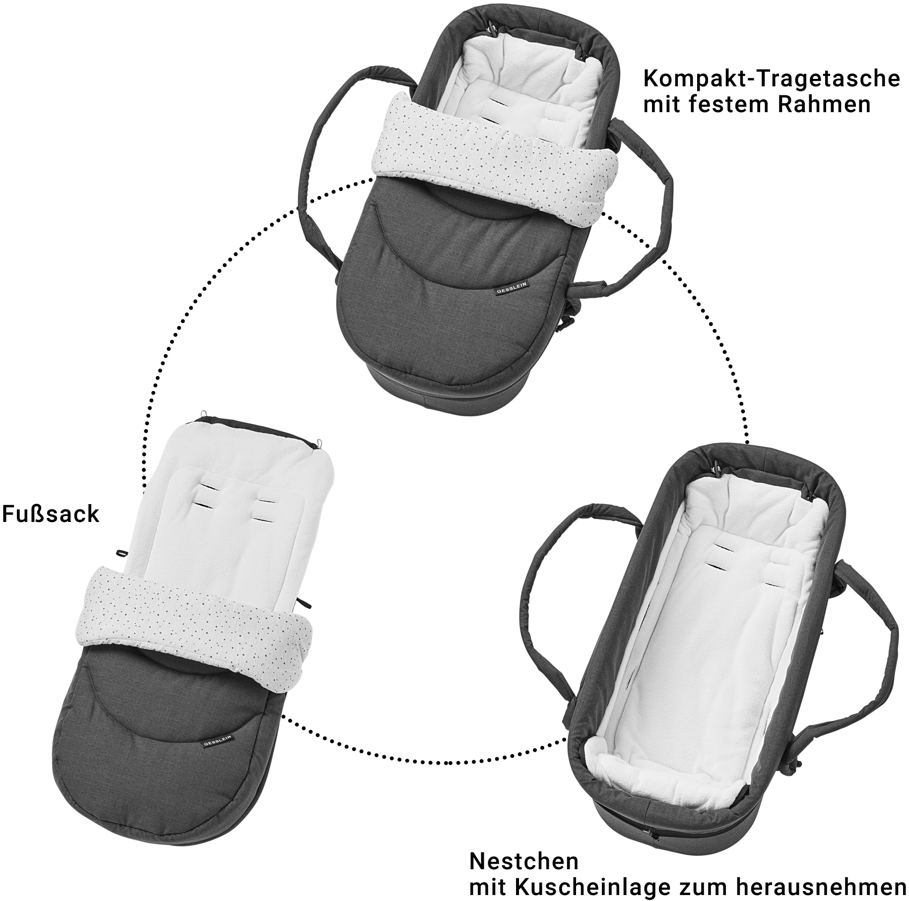 Gesslein Kombi-Kinderwagen »F4 Air+, schwarz/tabak, grau meliert/Stern grau meliert«, mit Tragetasche C2 Compact; Design & Handarbeit aus Deutschland