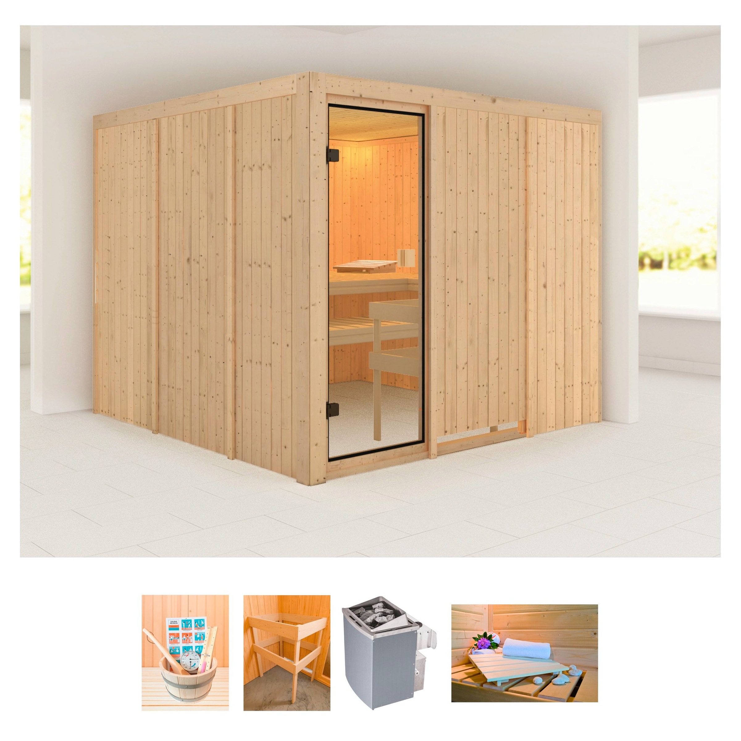 welltime Sauna »Fedora«, (Set), 9-kW-Ofen mit integr. Steuerung, mit 6-tlg. Zubehörset kaufen