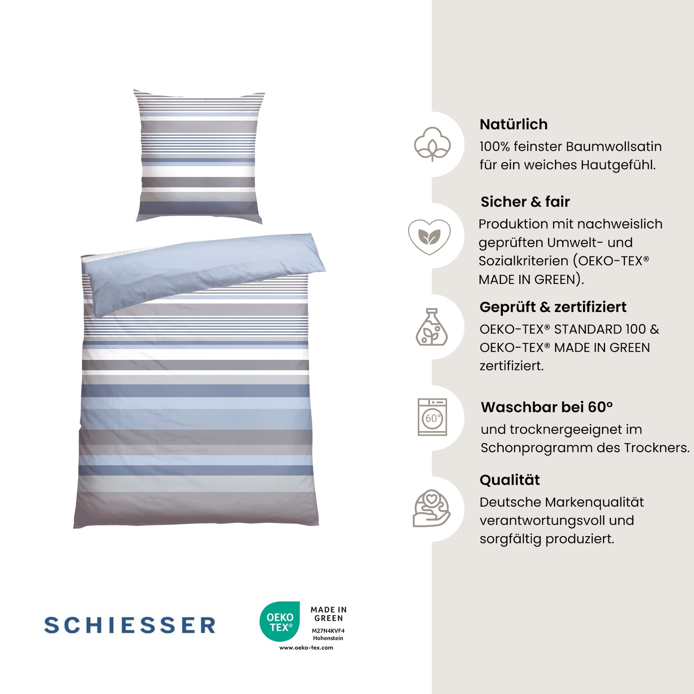Schiesser Bettwäsche »Hoops aus weichem Baumwoll-Satin mit Streifen-Design« 2 tlg. Made in Green by Oeko-Tex