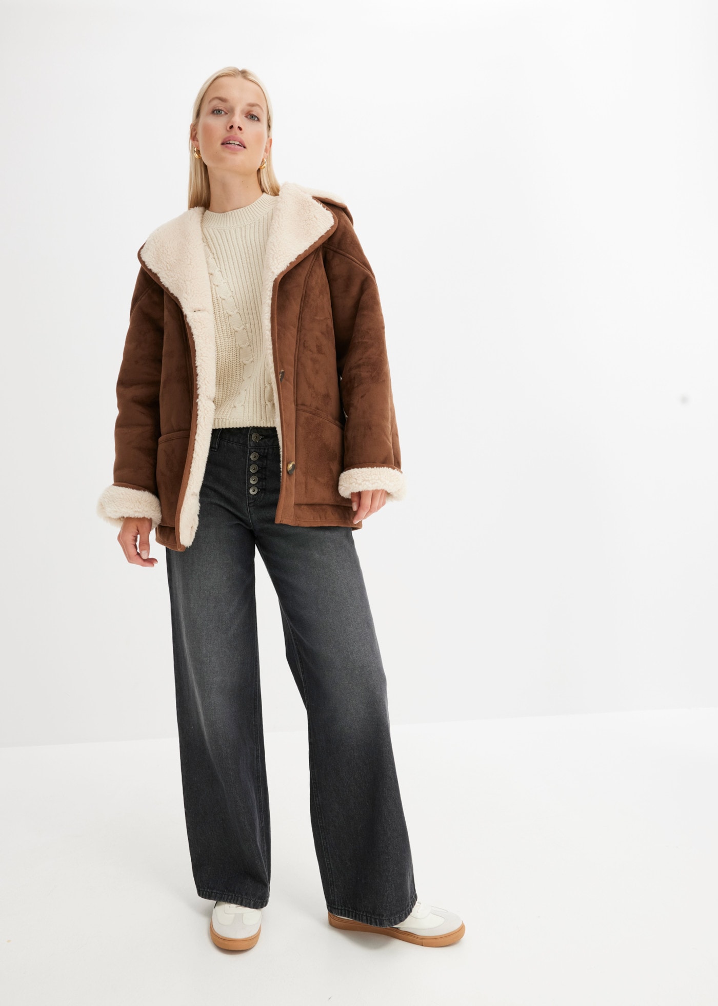 bonprix Outdoorjacke mit Shearling-Look, aus Polyester, Oversize-Passform