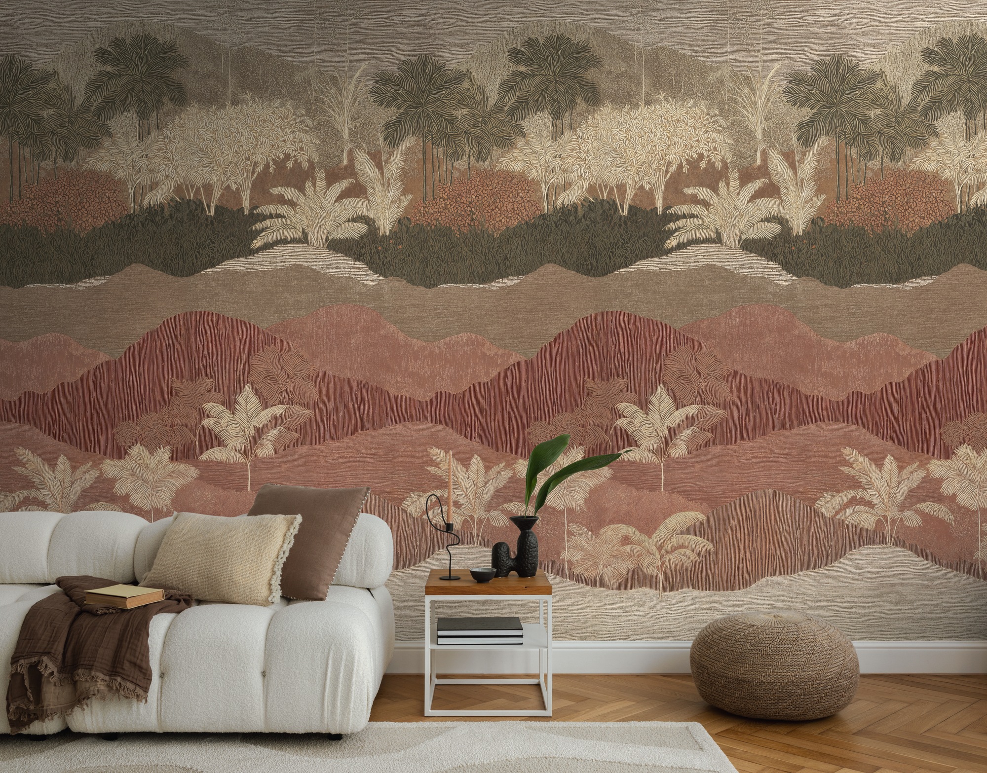 living walls Vliestapete »Vibes & Styles Caldera – Terra Tropica Fototapete« 3D-Optik leicht strukturiert Panorama Landschaft mit stilisierten Palmen und sanftem Tiefeneffekt