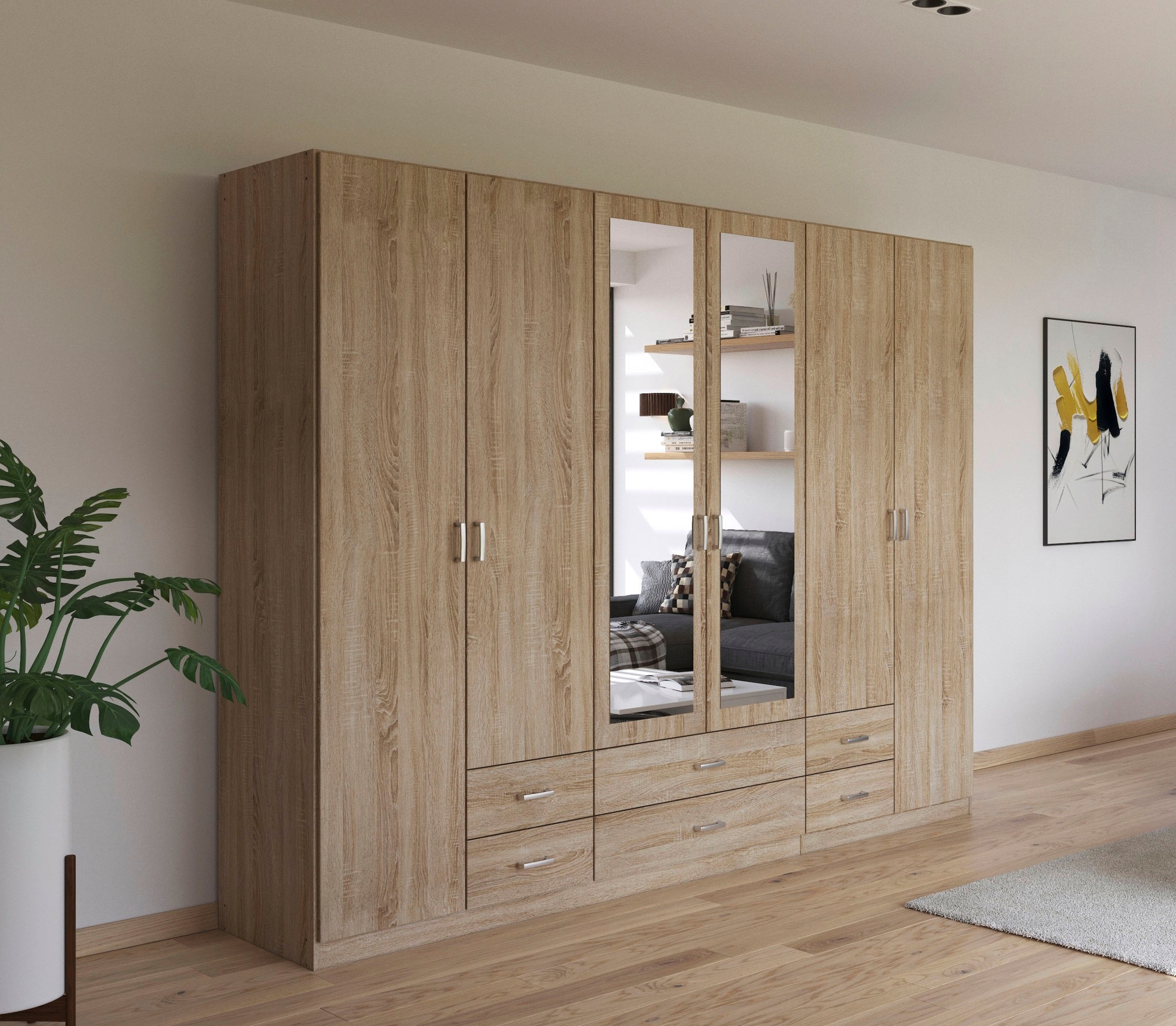 rauch Kleiderschrank »Gamma Drehtürenschrank Garderobe Schrank mit Spiegel«, in schlichtem Design mit Schubkästen und Spiegel, in 3 Breiten